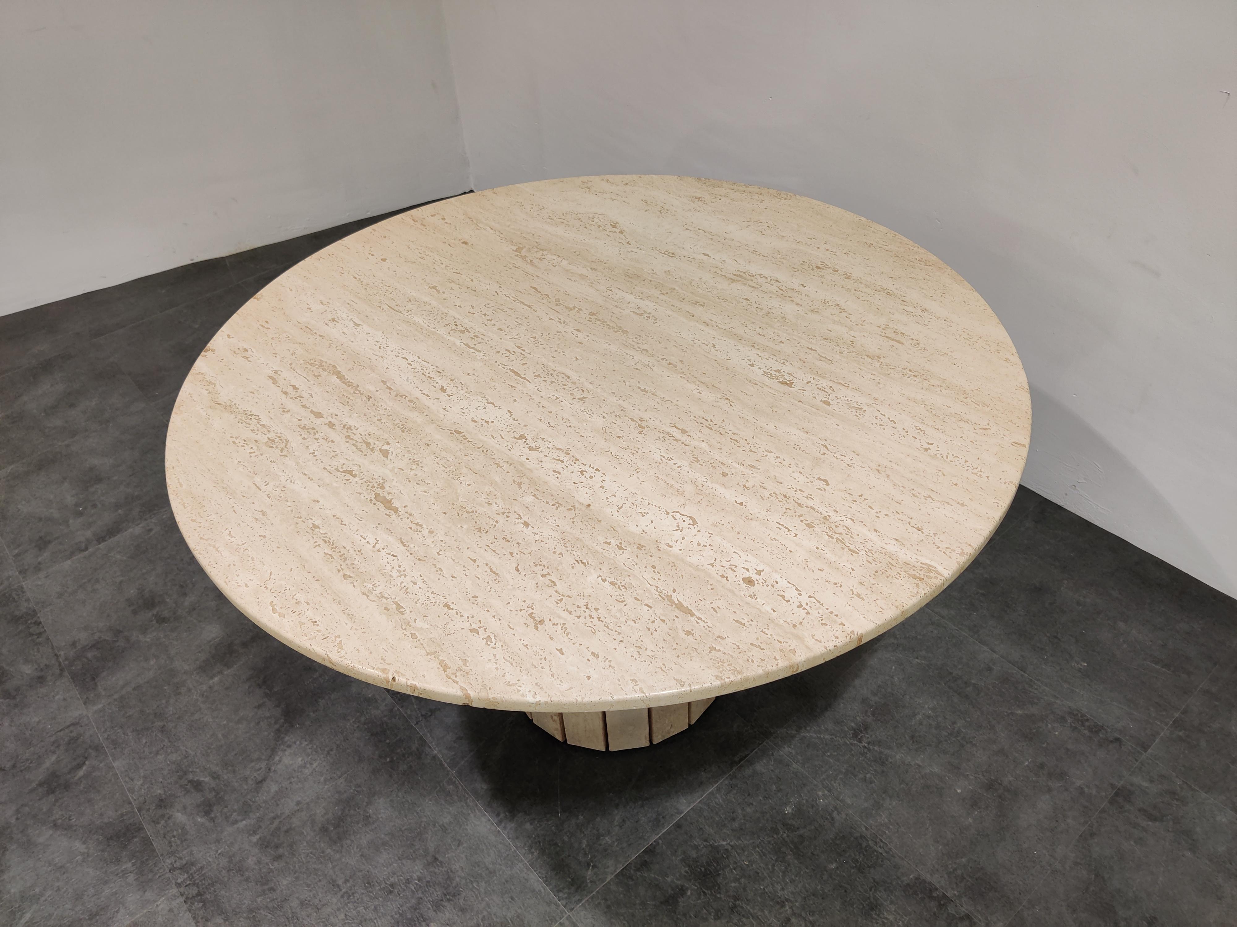 Brass Round Travertine Dining Table by Jean Charles, 1970s
