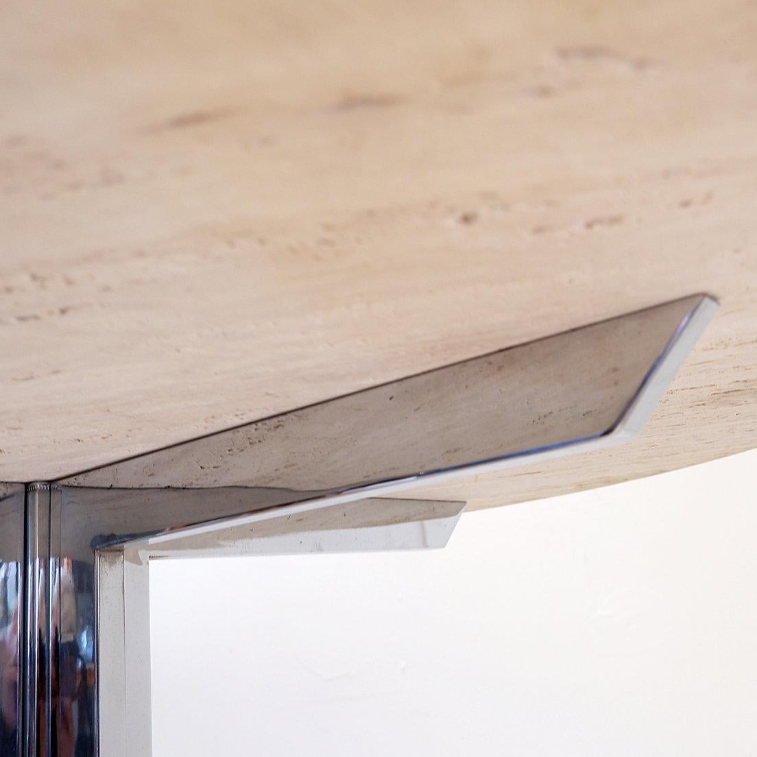 Round travertine dining table with chrome base, 1970s - Ø120cm For Sale 8