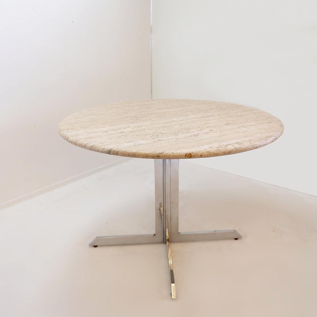 Round travertine dining table with chrome base, 1970s - Ø120cm For Sale 3