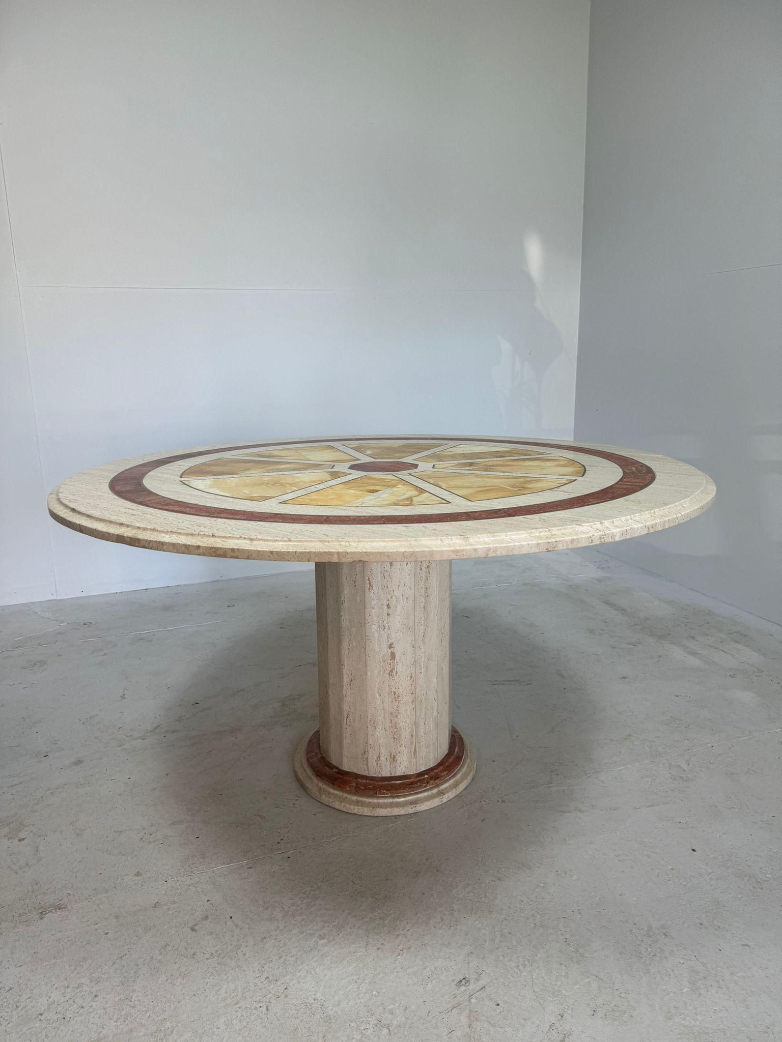 Round travertine diningtable with yellow marble and brass inlay 5