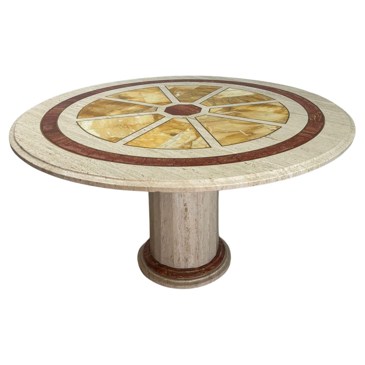 Round travertine diningtable with yellow marble and brass inlay For Sale