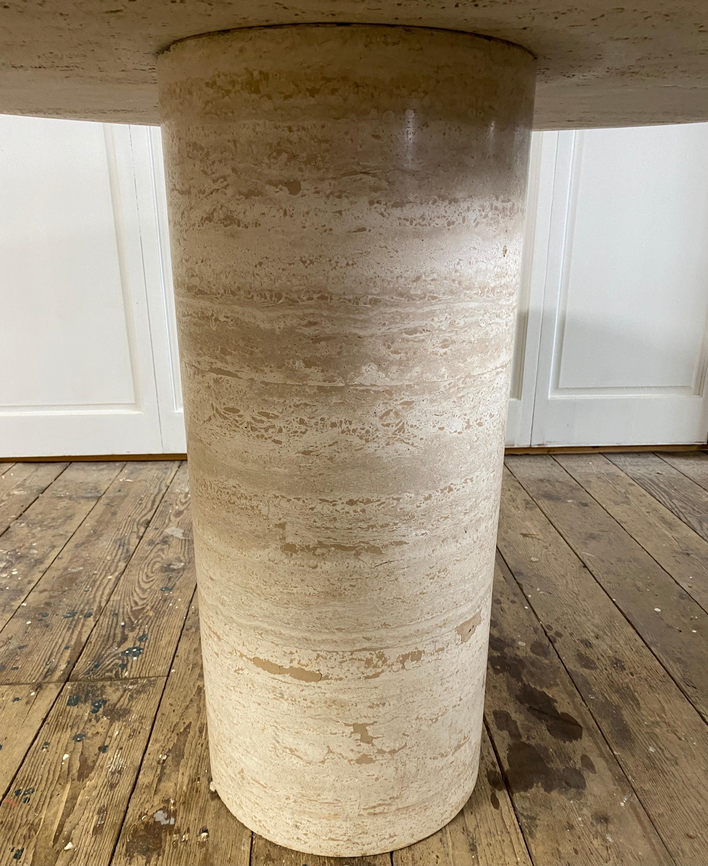 Round Travertine Pedestal Base Dining Table In Good Condition For Sale In Sheffield, MA