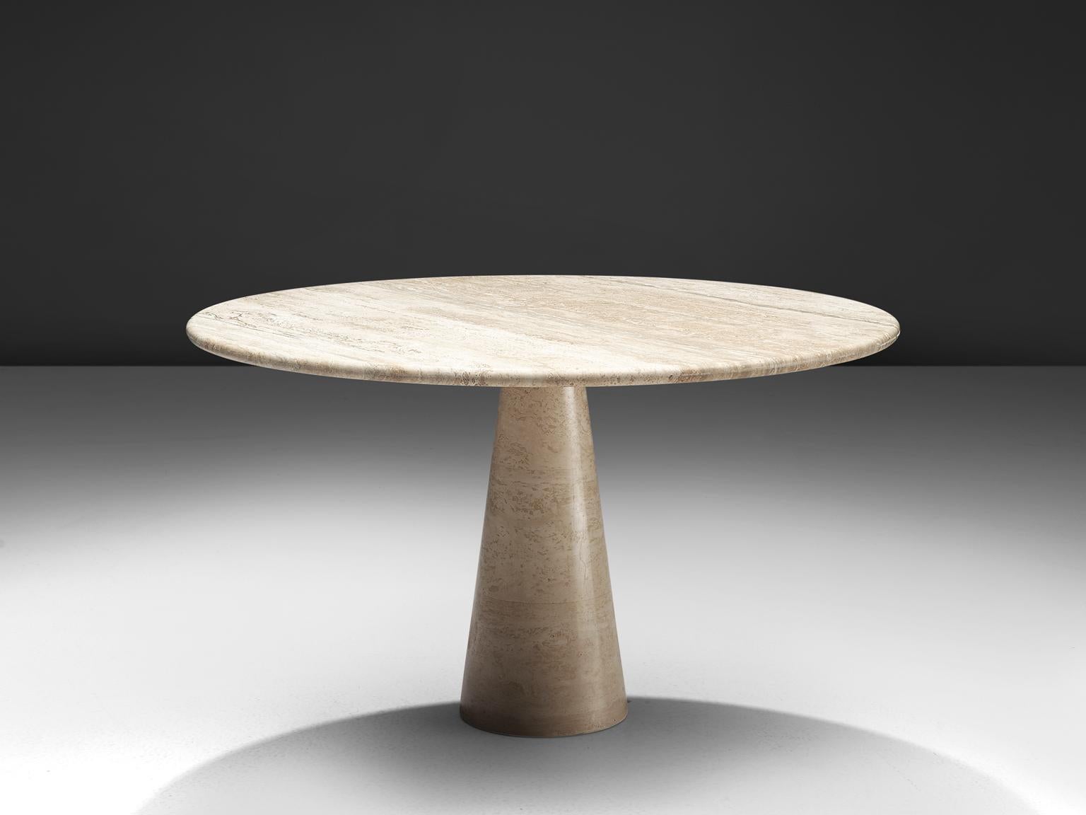 Centre table, travertine, Europe, 1970s.

This strong dining table features a colon, cone shaped foot and a thick circular travertine tabletop. The aesthetics are archetypical for postmodern design, bearing references to architectural forms and