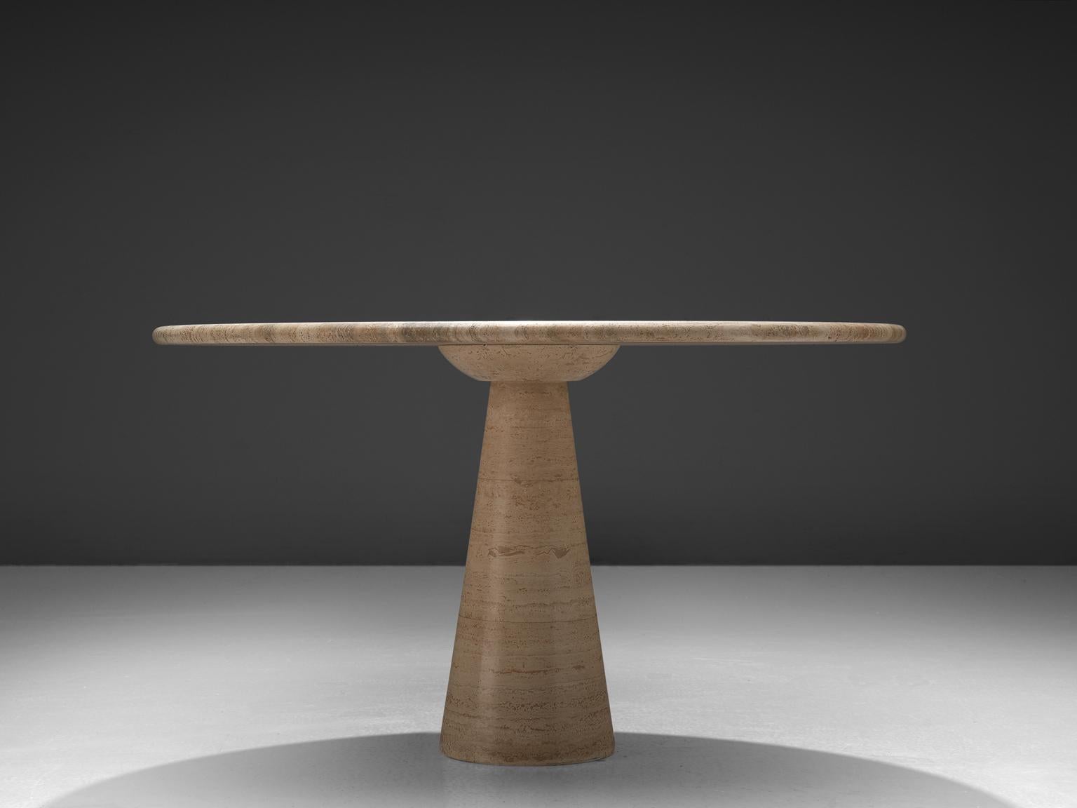 Centre table, travertine, Europe, 1970s.

This strong dining table features a colon, cone shaped foot and a thick circular travertine tabletop. The aesthetics are archetypical for postmodern design, bearing references to architectural forms and