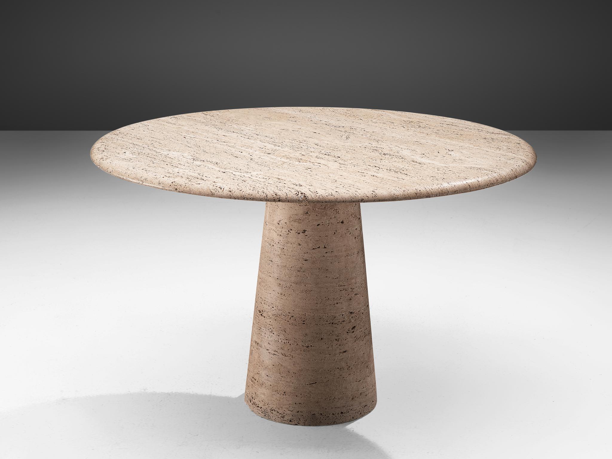 Centre table, travertine, Europe, 1970s.

This solid dining table features a colon, cone shaped foot and a thick circular travertine tabletop. The aesthetics are archetypical for postmodern design, bearing references to architectural forms and