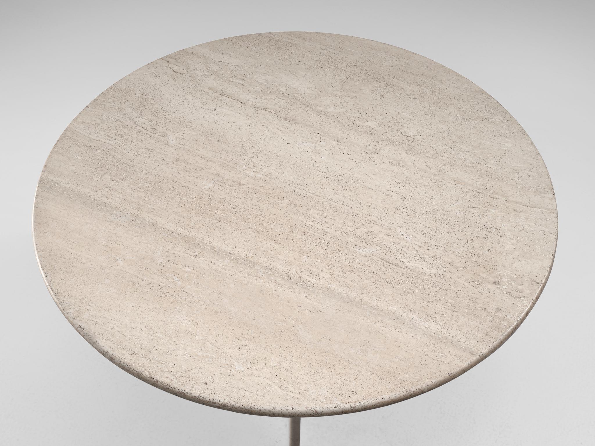 Post-Modern Round Travertine Pedestal Table with Triangular Shaped Base