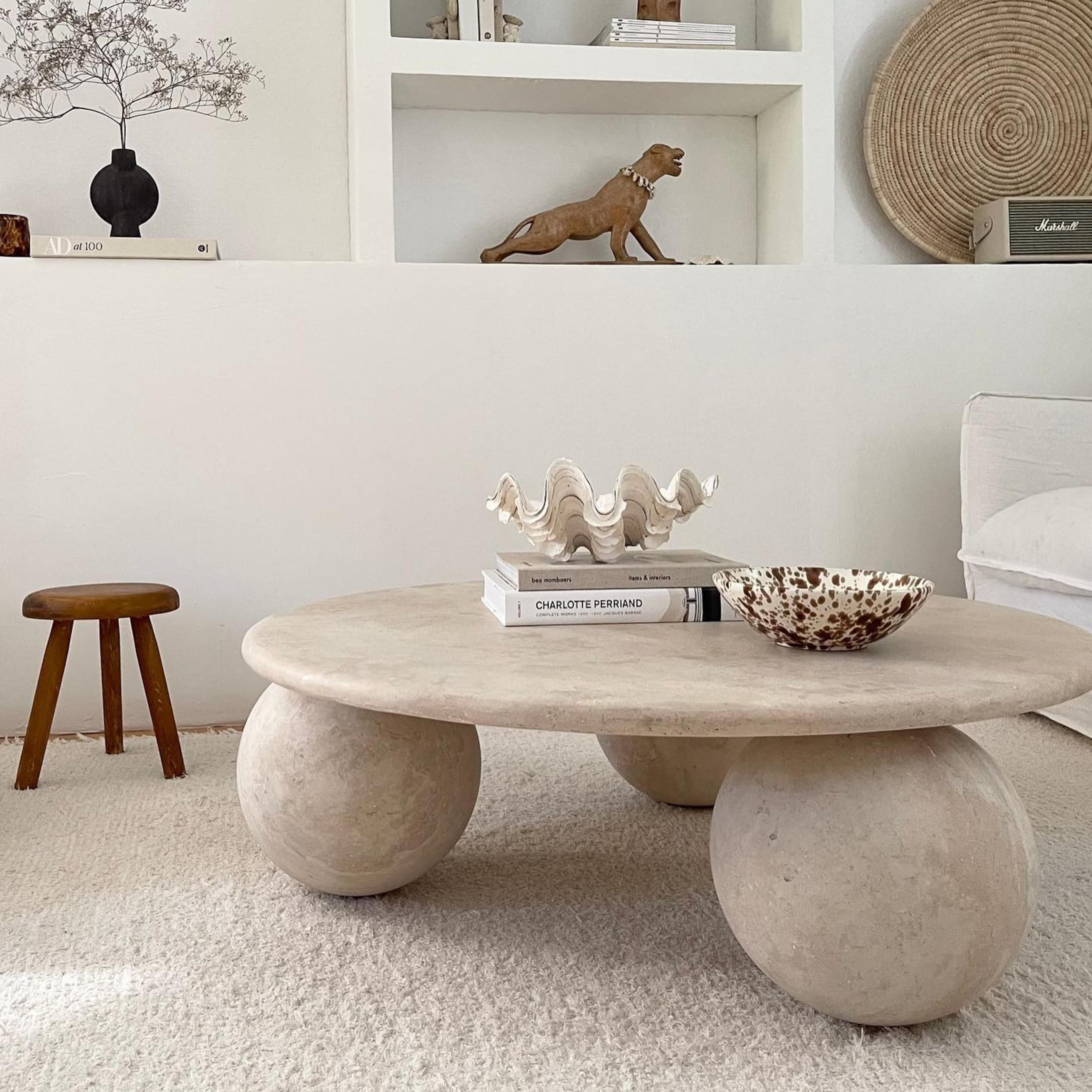 Hand-Carved Round Travertine Stone Marble Table - Cream Round Marble Coffee Table