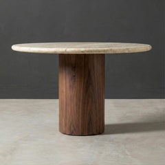 Round Travertine Table With Walnut Wood Base, Round Marble Table