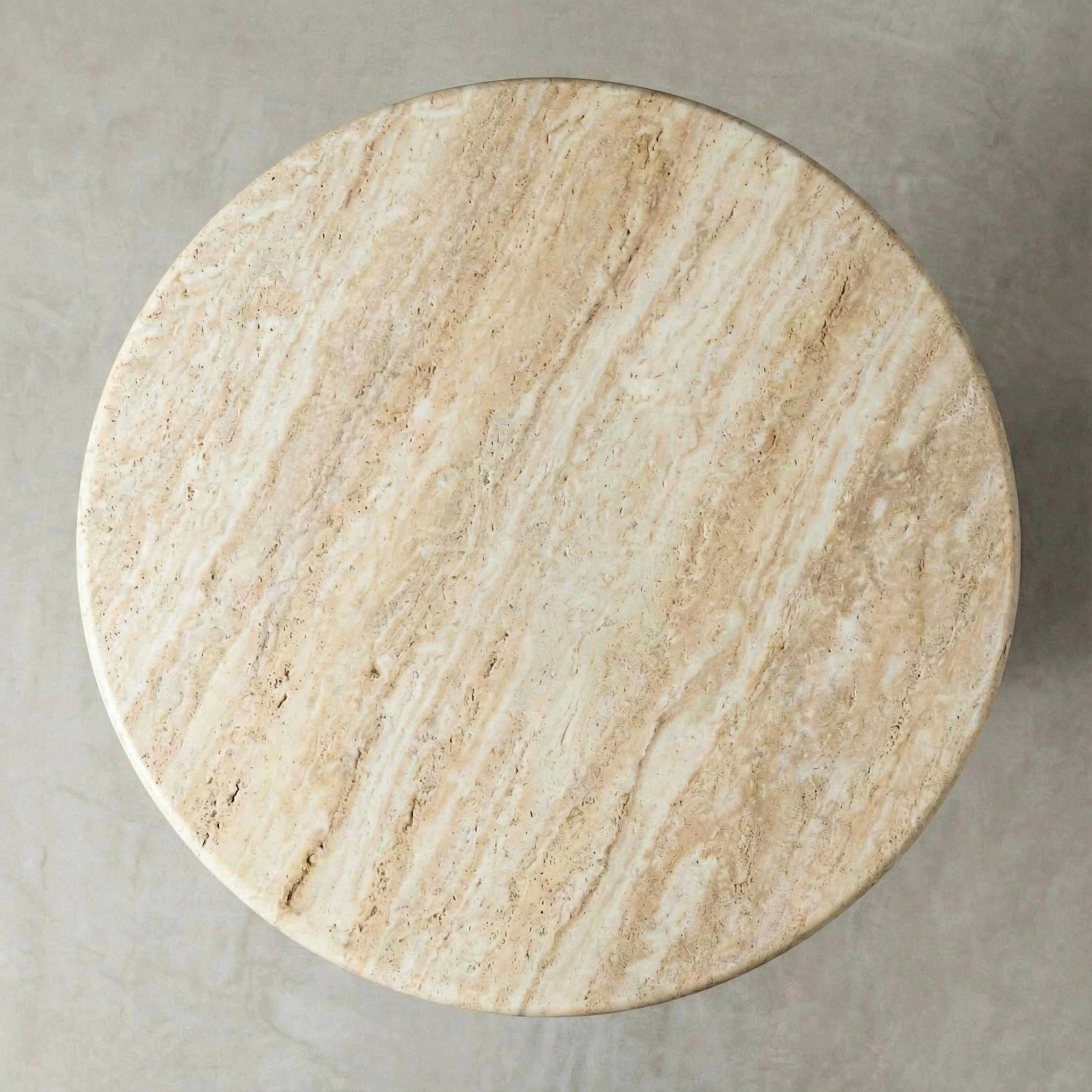 Arts and Crafts Round Travertine Table With Walnut Wood Base, Round Marble Table For Sale