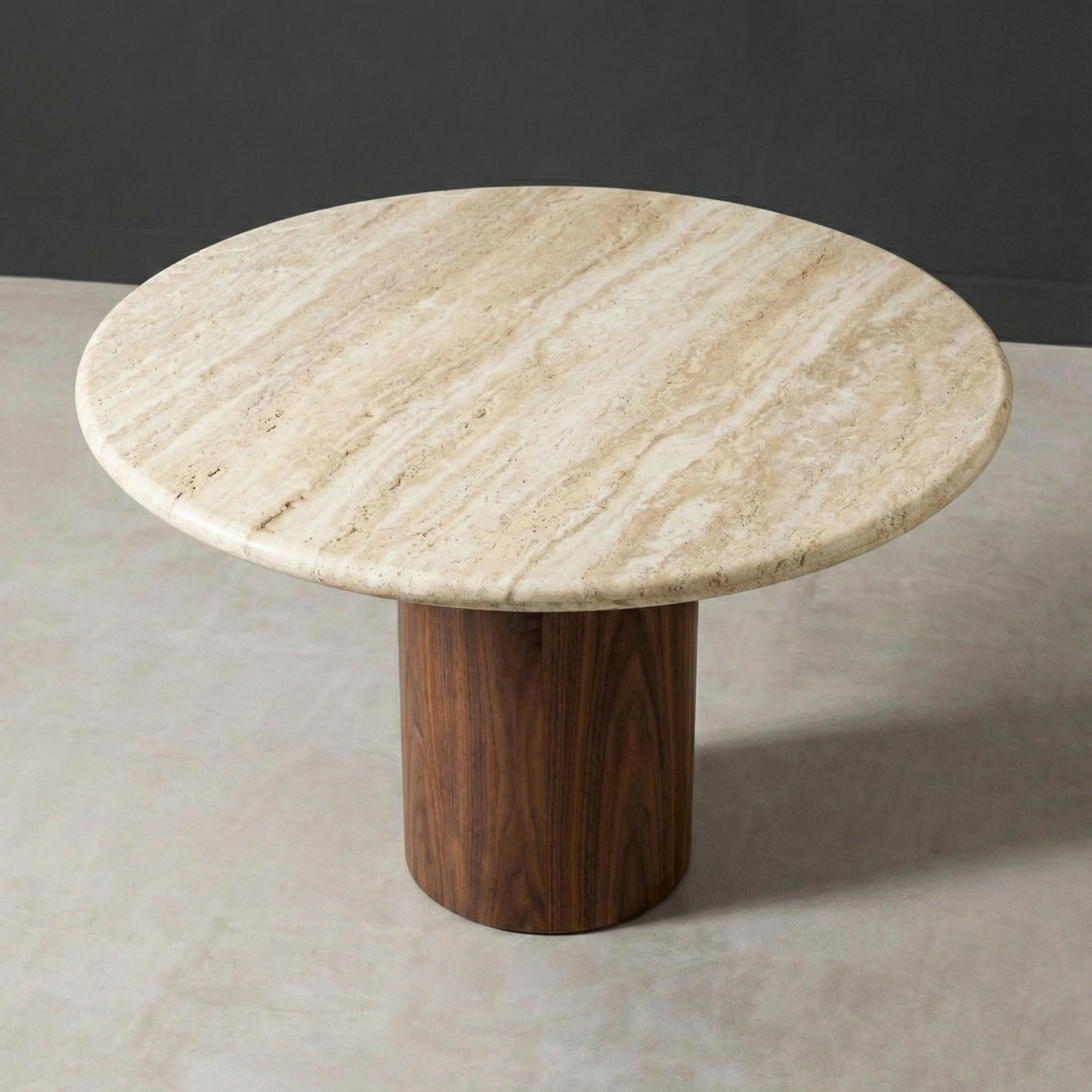 Turkish Round Travertine Table With Walnut Wood Base, Round Marble Table For Sale