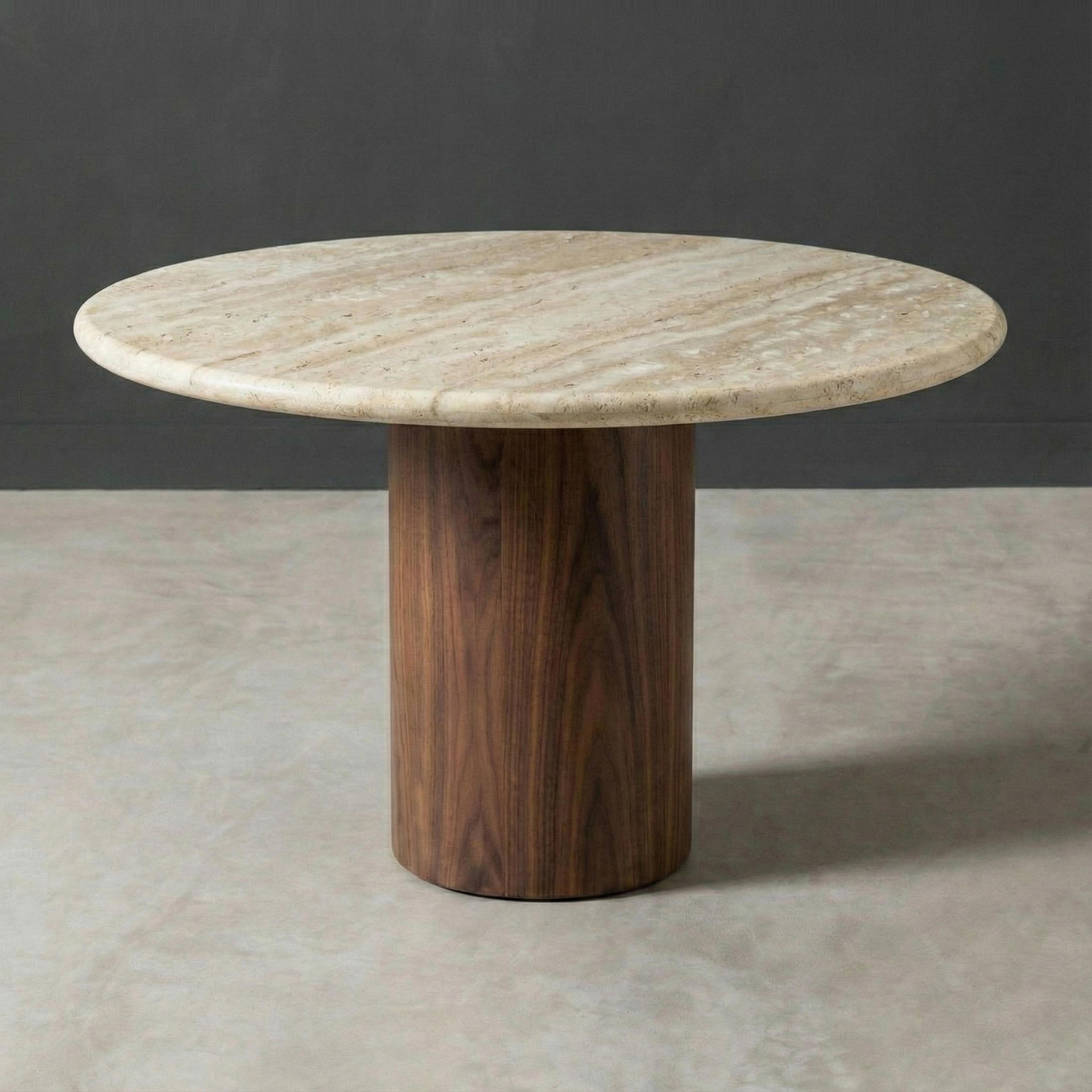 Carved Round Travertine Table With Walnut Wood Base, Round Marble Table For Sale