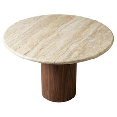 Round Travertine Table With Walnut Wood Base, Round Marble Table