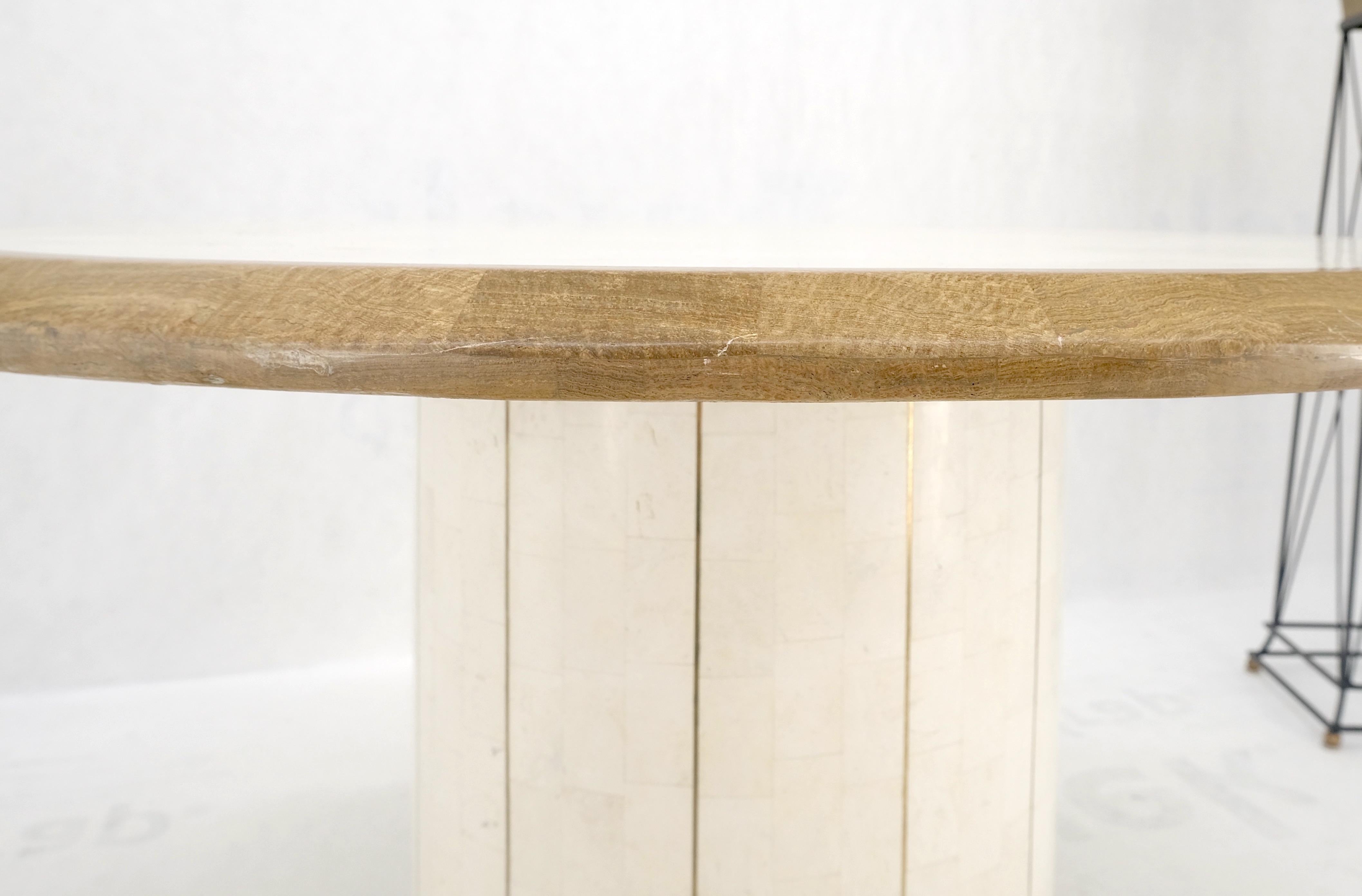Mid-Century Modern Round Travertine Tile Brass Inlay Cylinder Base Dining Conference Table Mint! For Sale