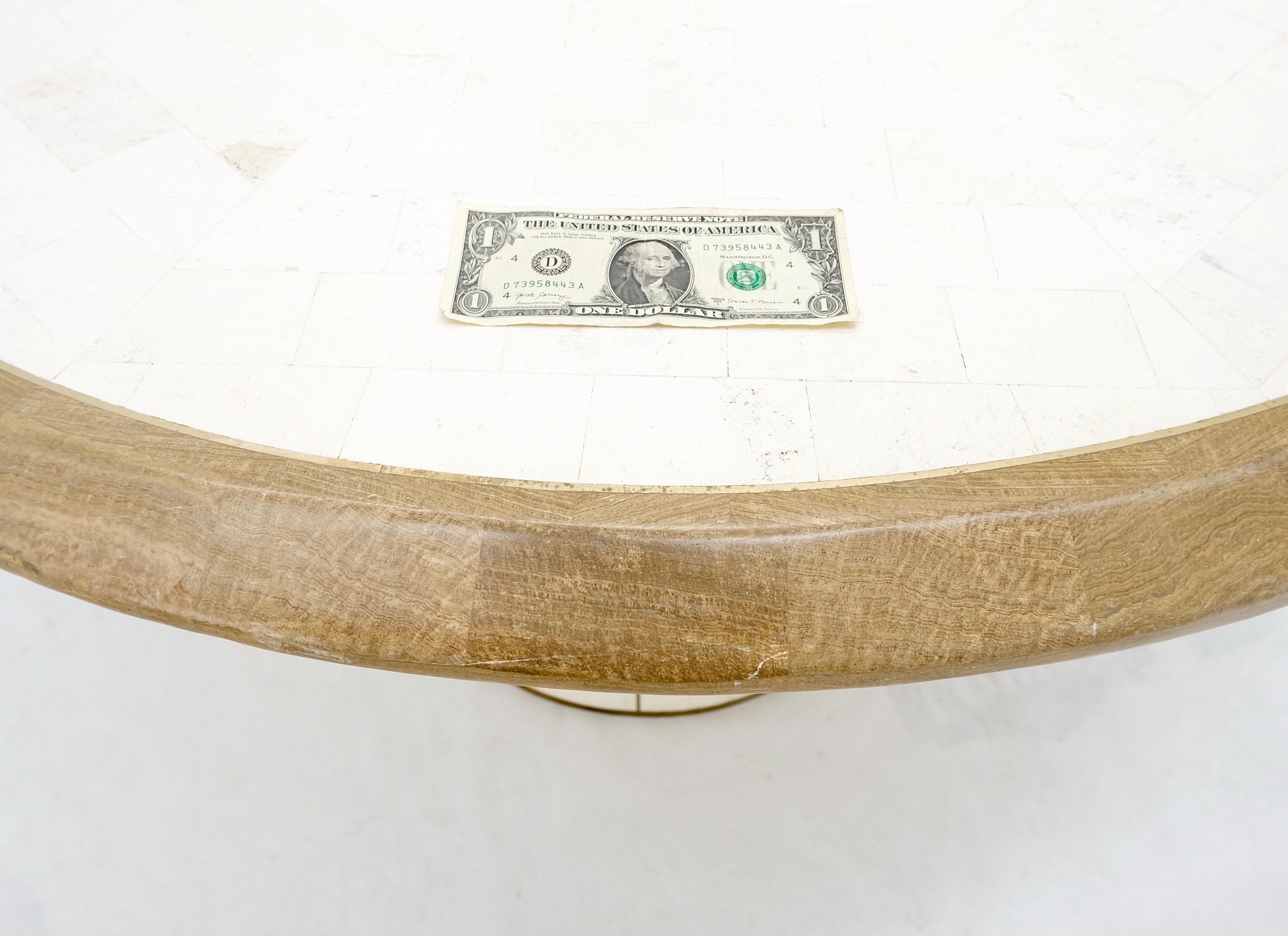 Round Travertine Tile Brass Inlay Cylinder Base Dining Conference Table Mint! In Good Condition For Sale In Rockaway, NJ