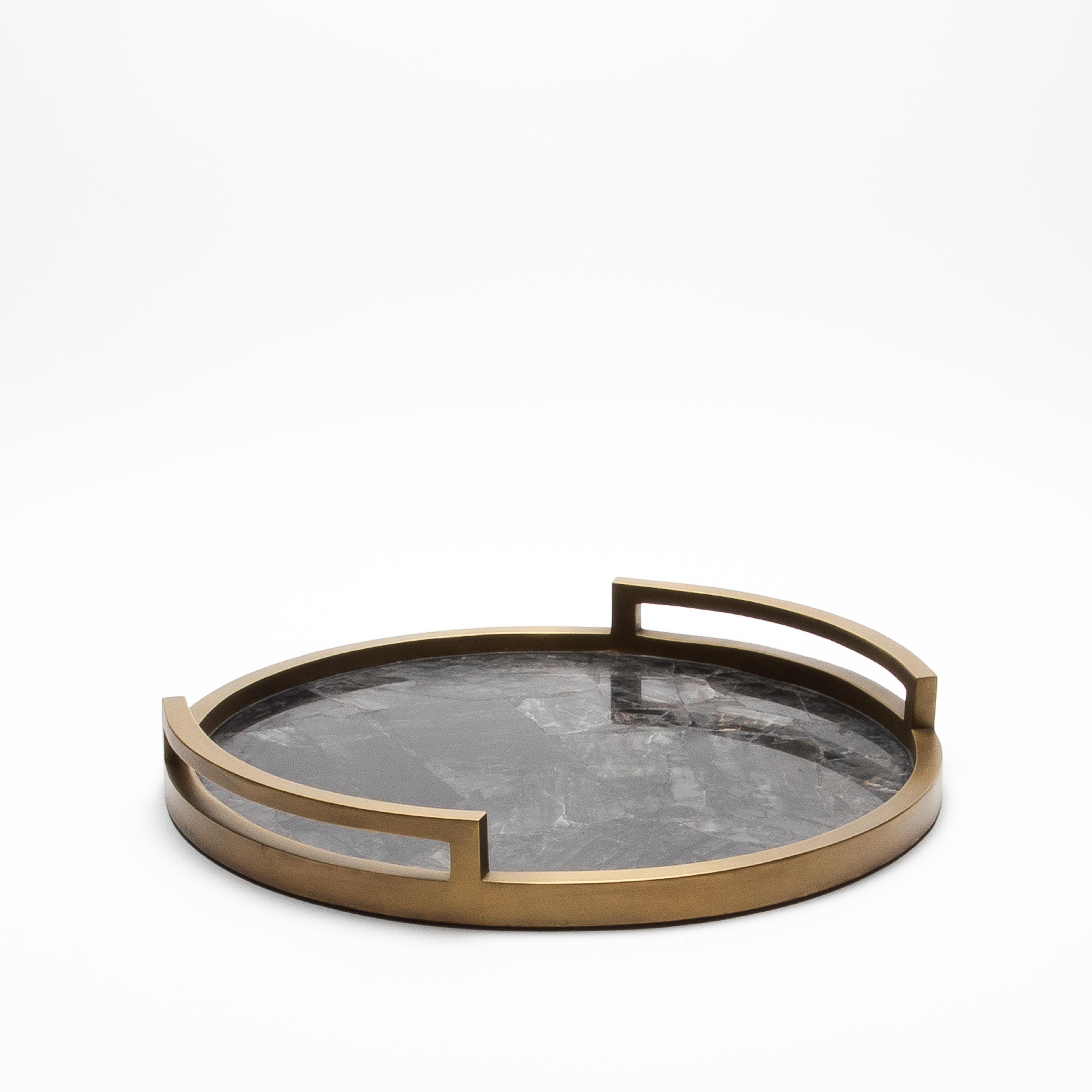 Art Deco Round Tray in Black Quartz with Bronze Patina Brass by R&Y Augousti