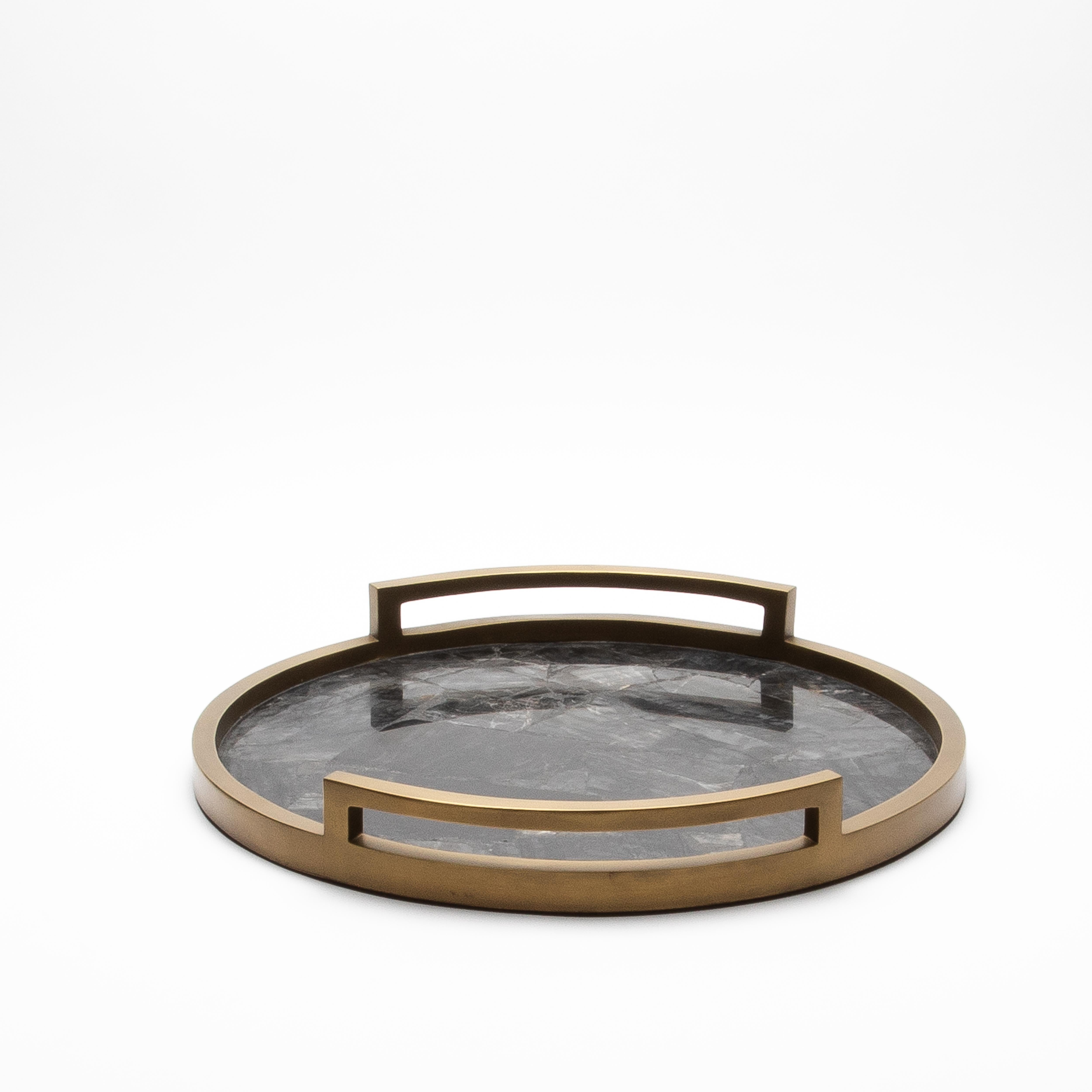 Philippine Round Tray in Black Quartz with Bronze Patina Brass by R&Y Augousti