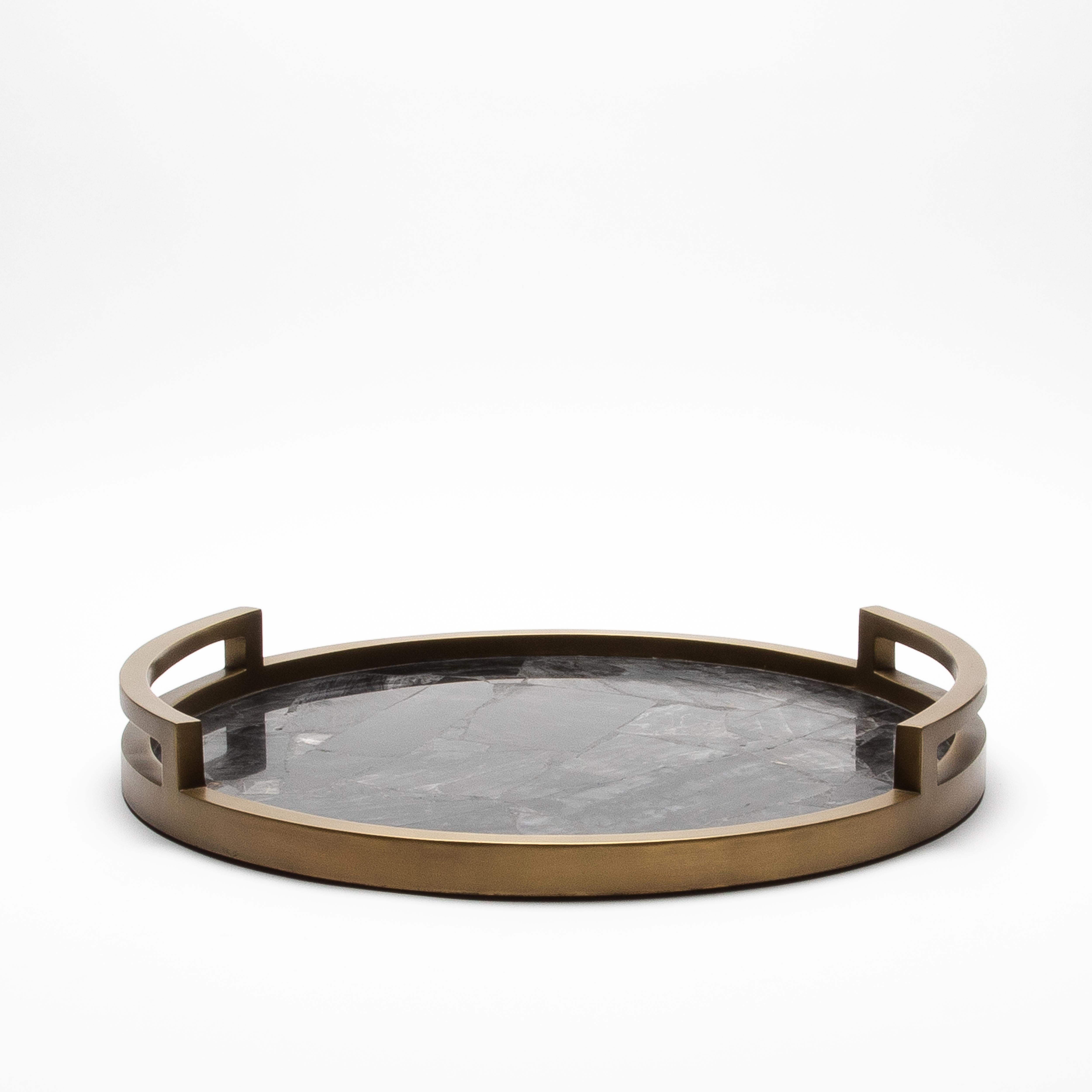 Hand-Crafted Round Tray in Black Quartz with Bronze Patina Brass by R&Y Augousti