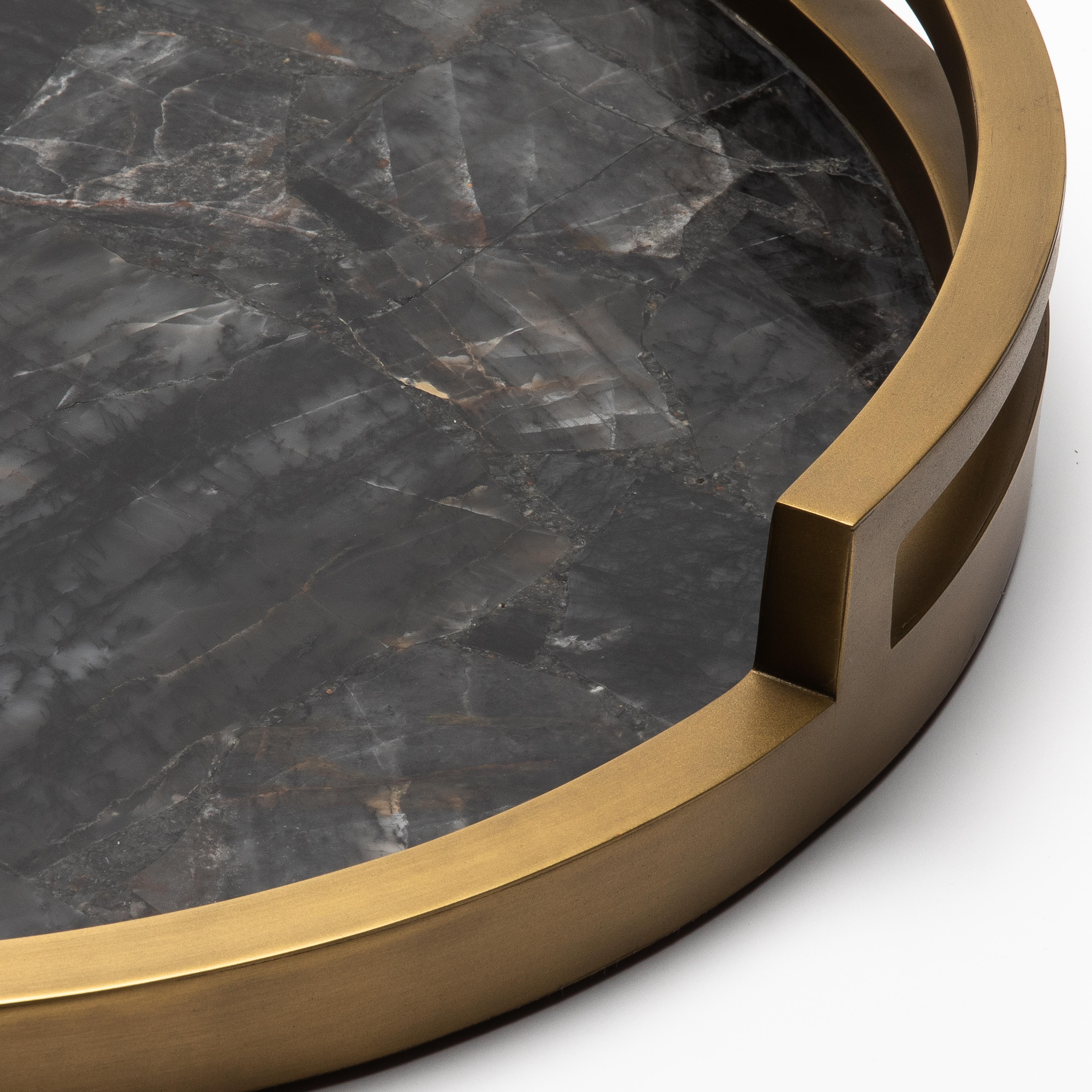Contemporary Round Tray in Black Quartz with Bronze Patina Brass by R&Y Augousti