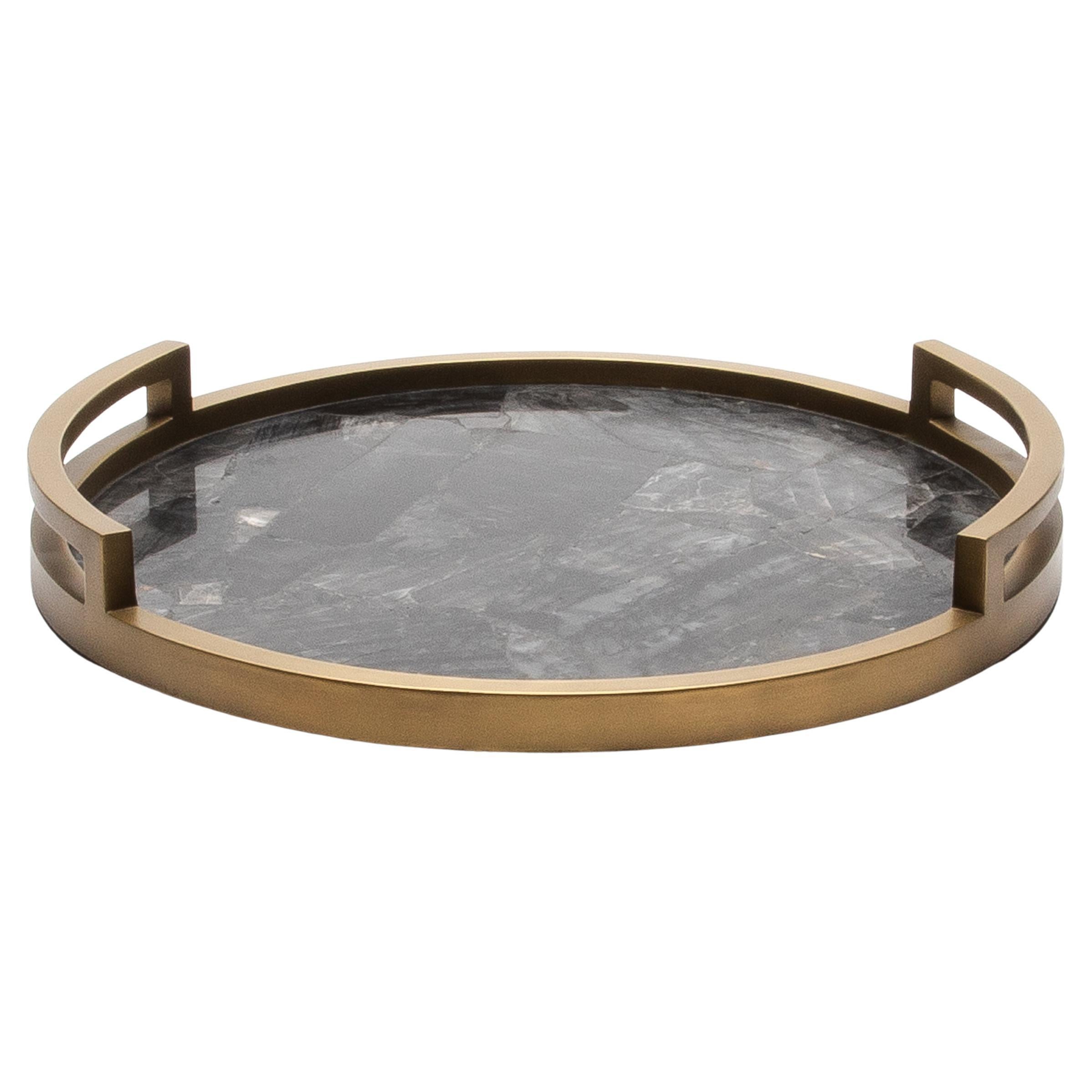 Round Tray in Black Quartz with Bronze Patina Brass by R&Y Augousti