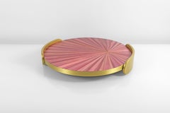 Round Tray in Brass and Pink Straw Marquetry by Ginger Brown