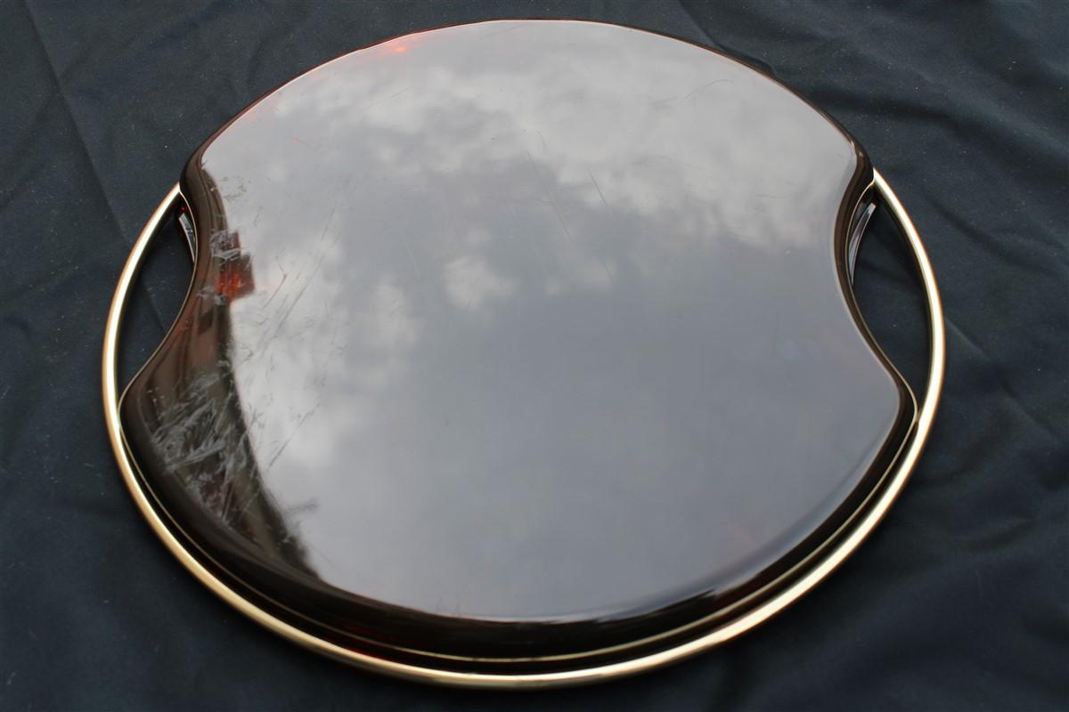 Italian Round Tray in Faux Tortoise and Brass Italy 1970s Gold Brown