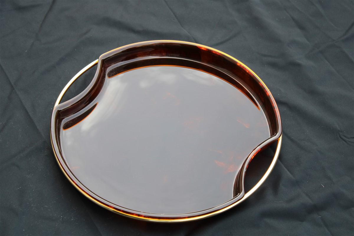 Late 20th Century Round Tray in Faux Tortoise and Brass Italy 1970s Gold Brown