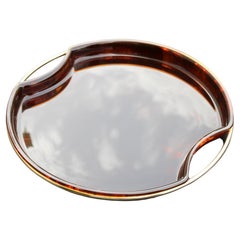 Round Tray in Faux Tortoise and Brass Italy 1970s Gold Brown