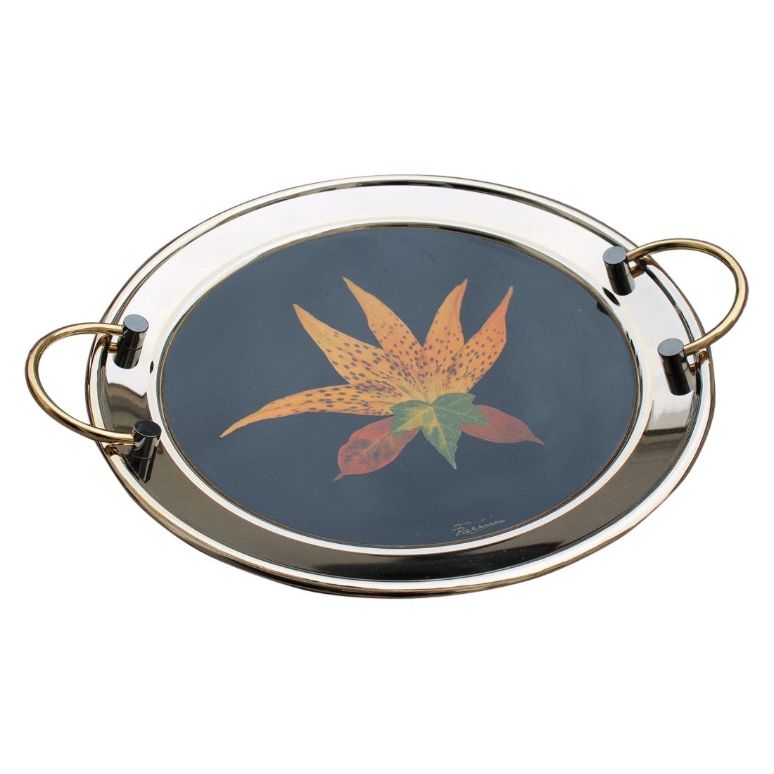 Round Tray in Golden Brass with Black Background and Real Leaves Made in Italy