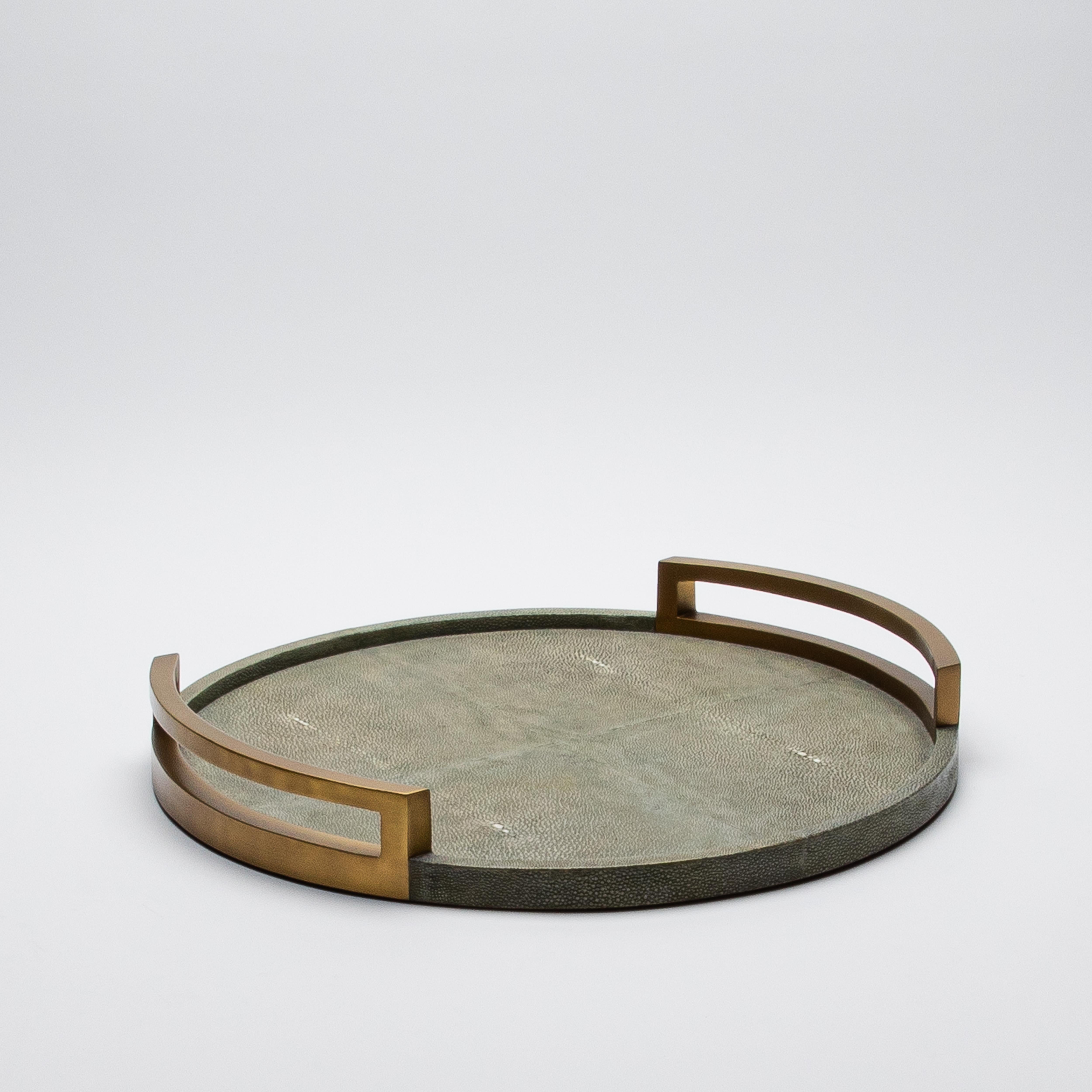 Art Deco Round Tray in Grey Shagreen with Bronze Patina Brass by R&Y Augousti