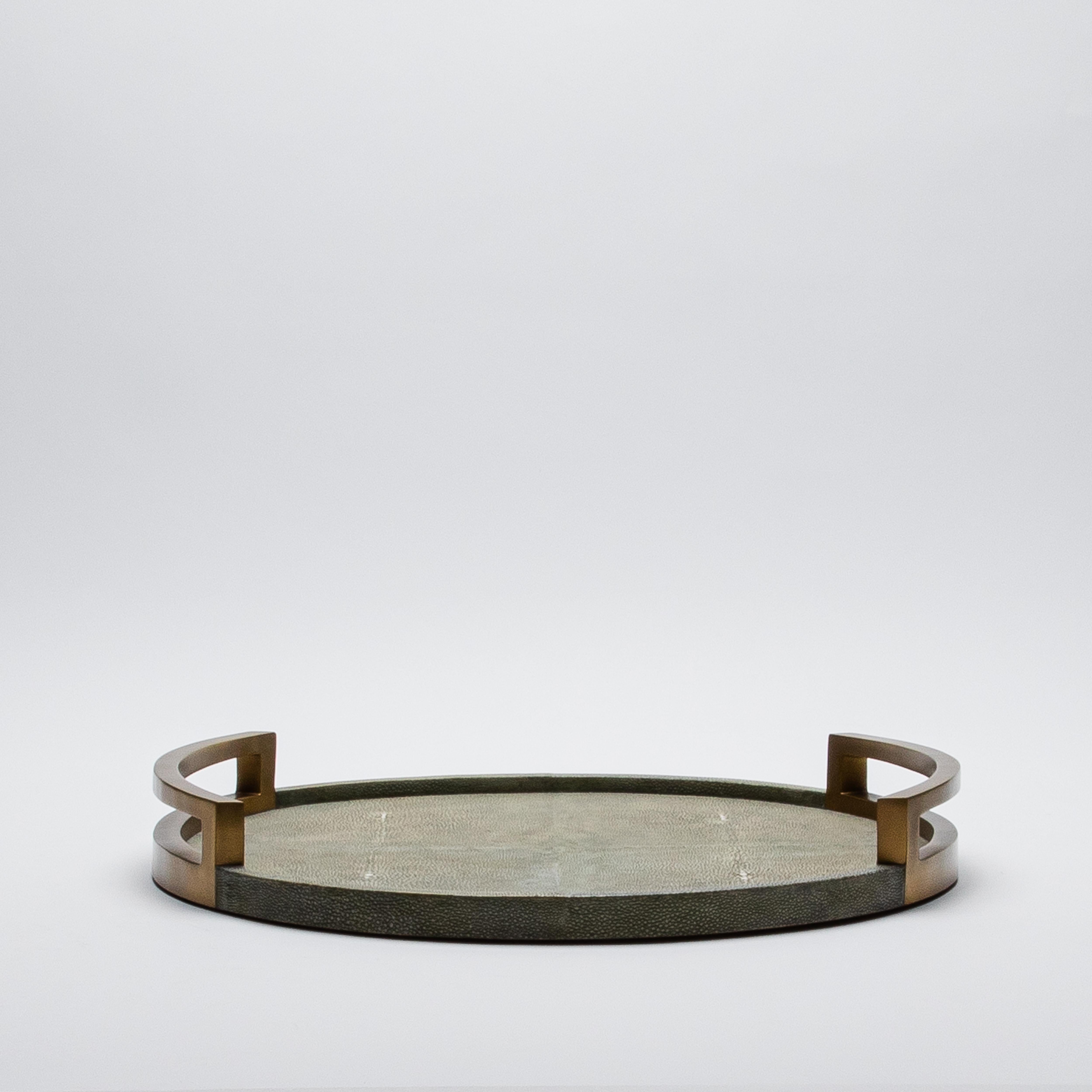 Hand-Crafted Round Tray in Grey Shagreen with Bronze Patina Brass by R&Y Augousti