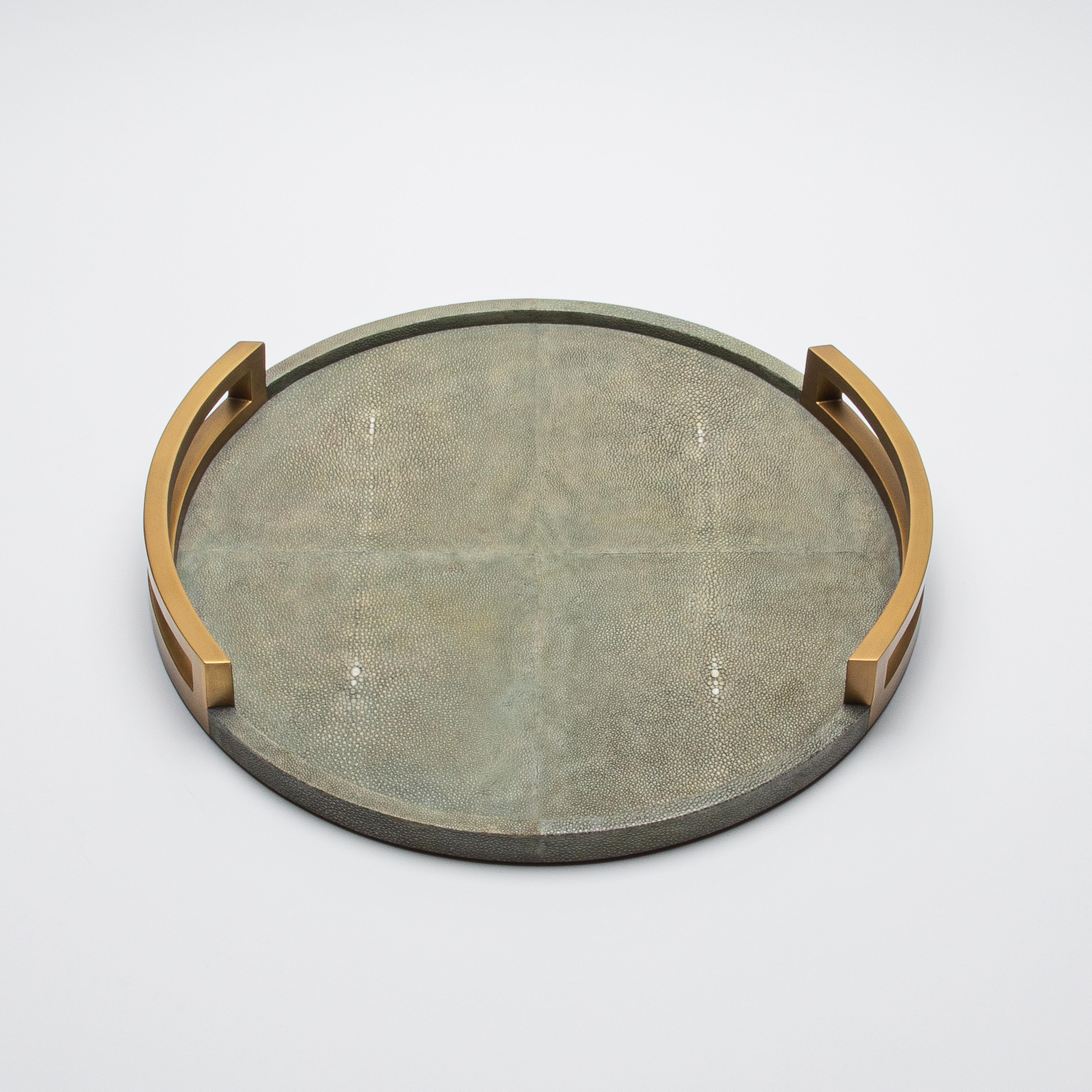 Round Tray in Grey Shagreen with Bronze Patina Brass by R&Y Augousti In New Condition In West Hollywood, CA