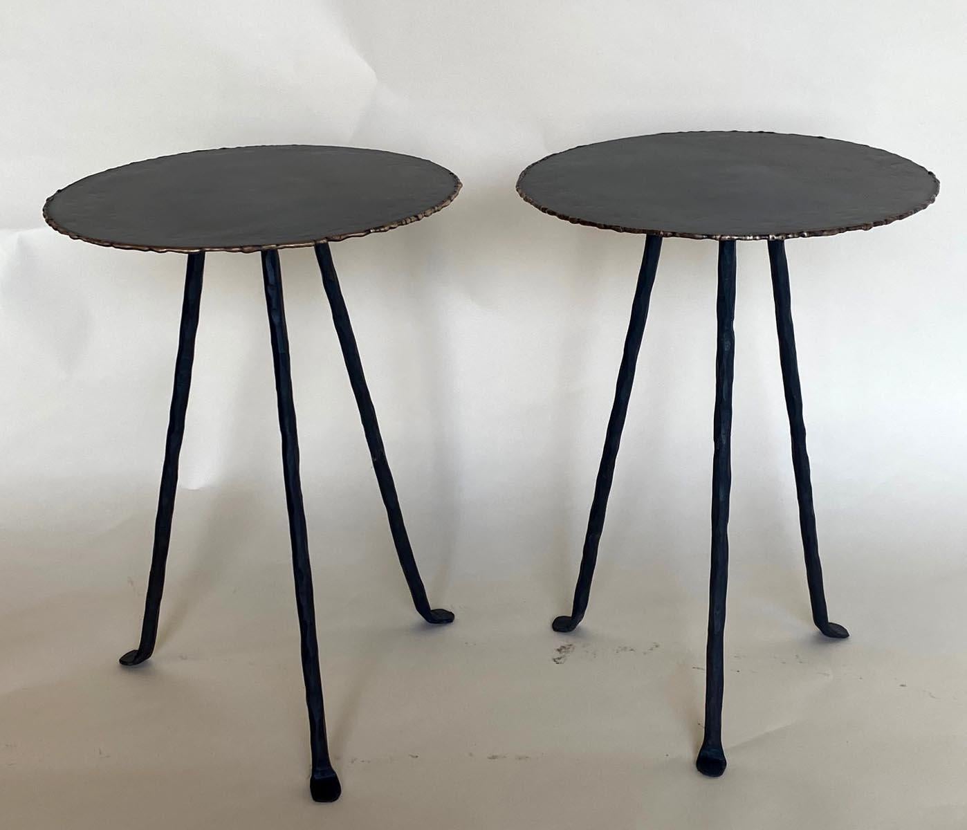 Sold and priced separately. If you would like to purchase the pair, please click 2 in the quantity area.
Iron tri-pod tables with bronze edging. As seen with a matte black finish.
Can also be made in custom sizes and shapes. Made in Los Angeles by