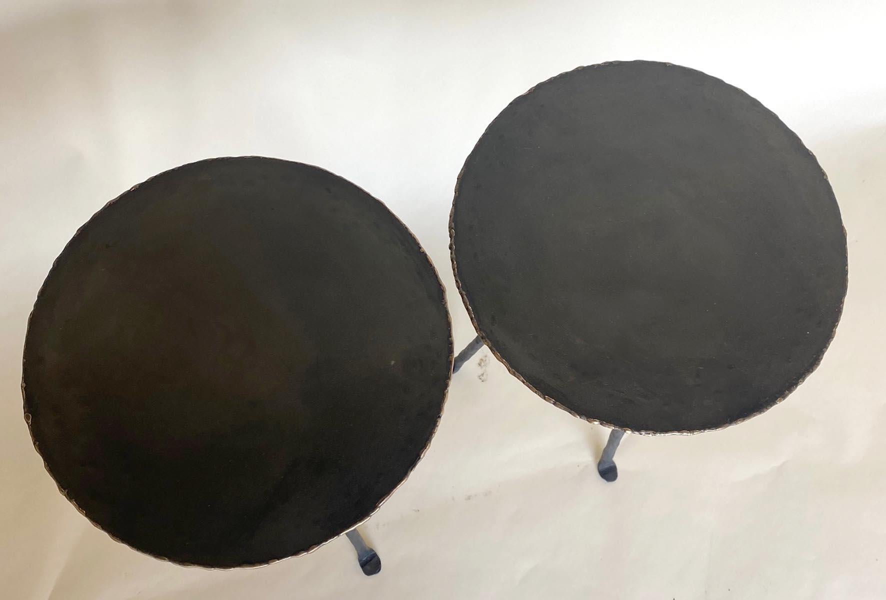 Round Tri-Pod Tables with Bronze Edge In New Condition In Los Angeles, CA