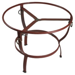 Round Tripod Coffee Table in Brown Leather by Jacques Adnet , 1950s