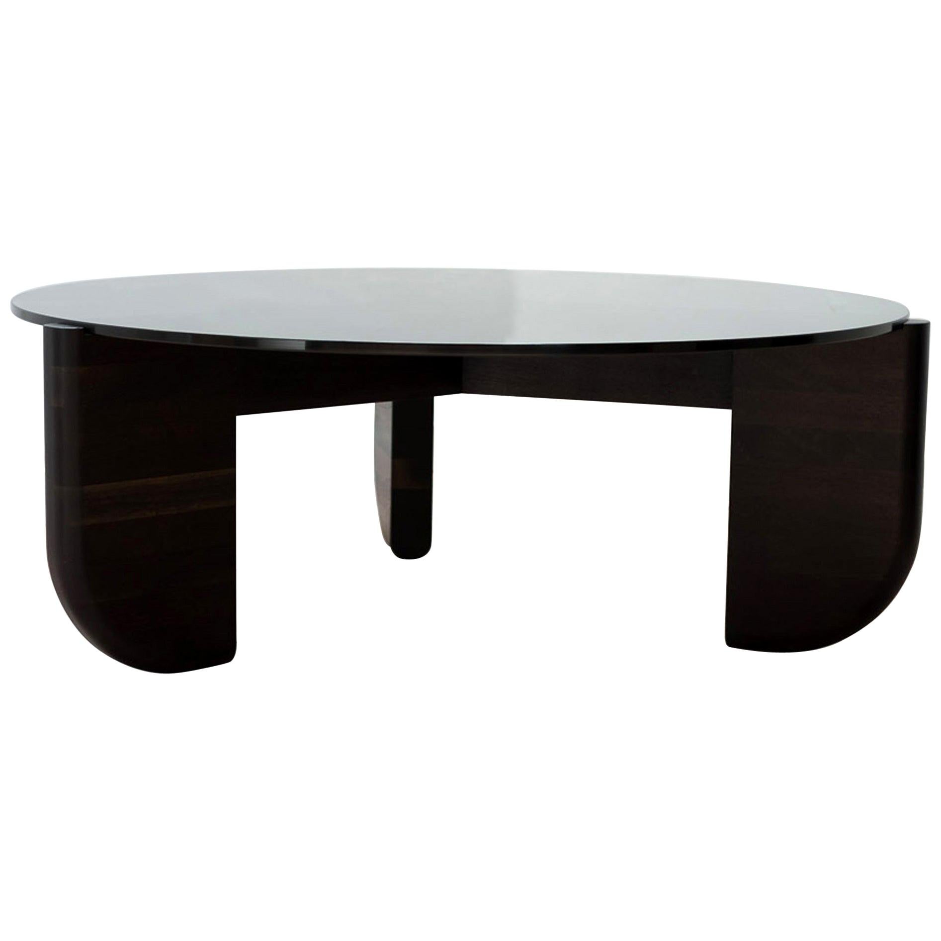 Round Tripod Coffee Table in Oxidized Black Walnut and Gray Glass