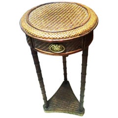 Chinoiserie Side Table in Rattan and Faux Bamboo With a Drawer