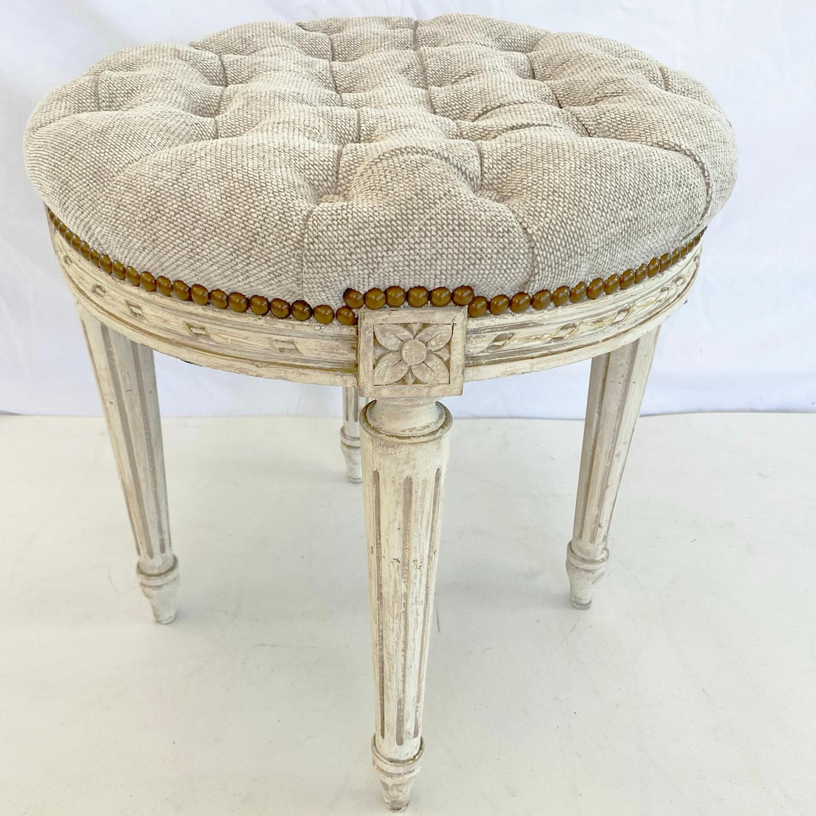 Hand-Carved Round Tufted Louis XVI Style Painted Stool For Sale