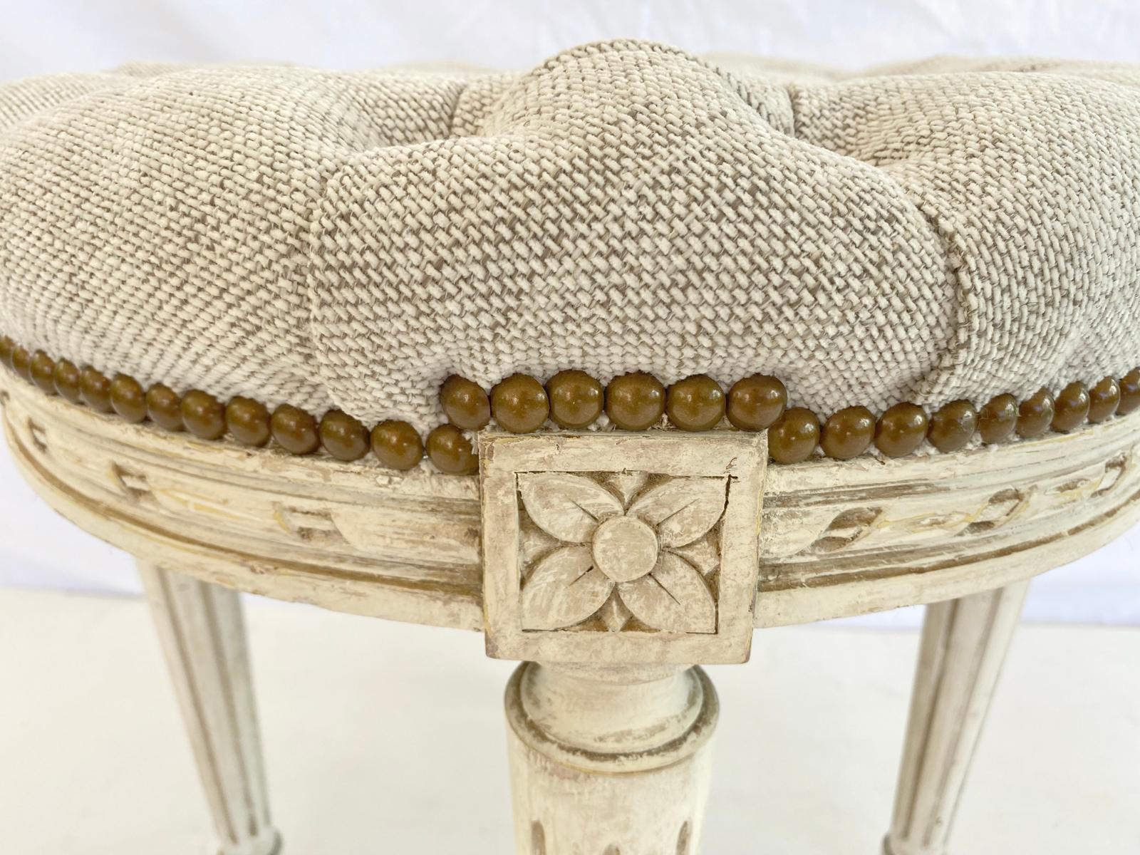 Round Tufted Louis XVI Style Painted Stool In Good Condition For Sale In West Palm Beach, FL
