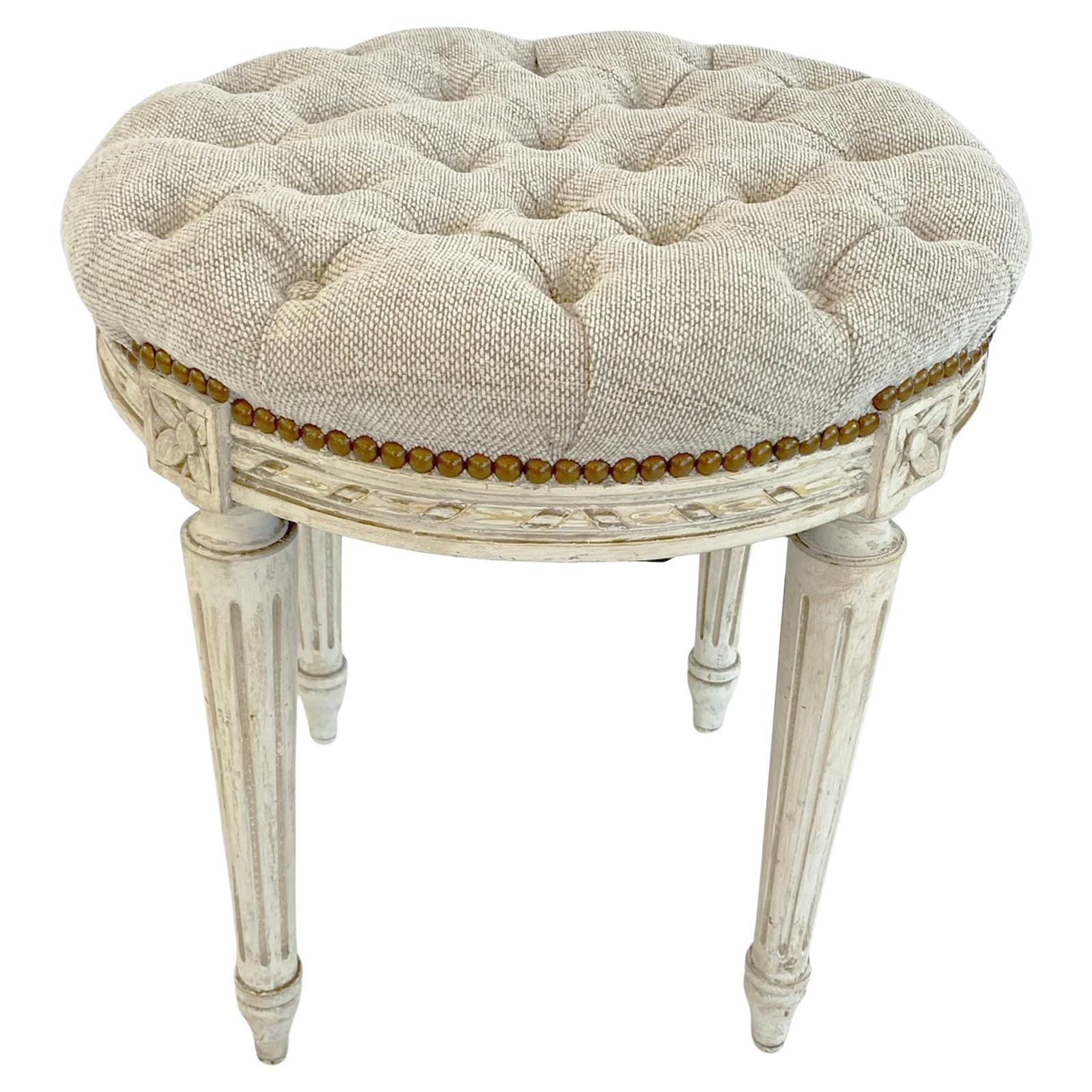 Round Tufted Louis XVI Style Painted Stool For Sale