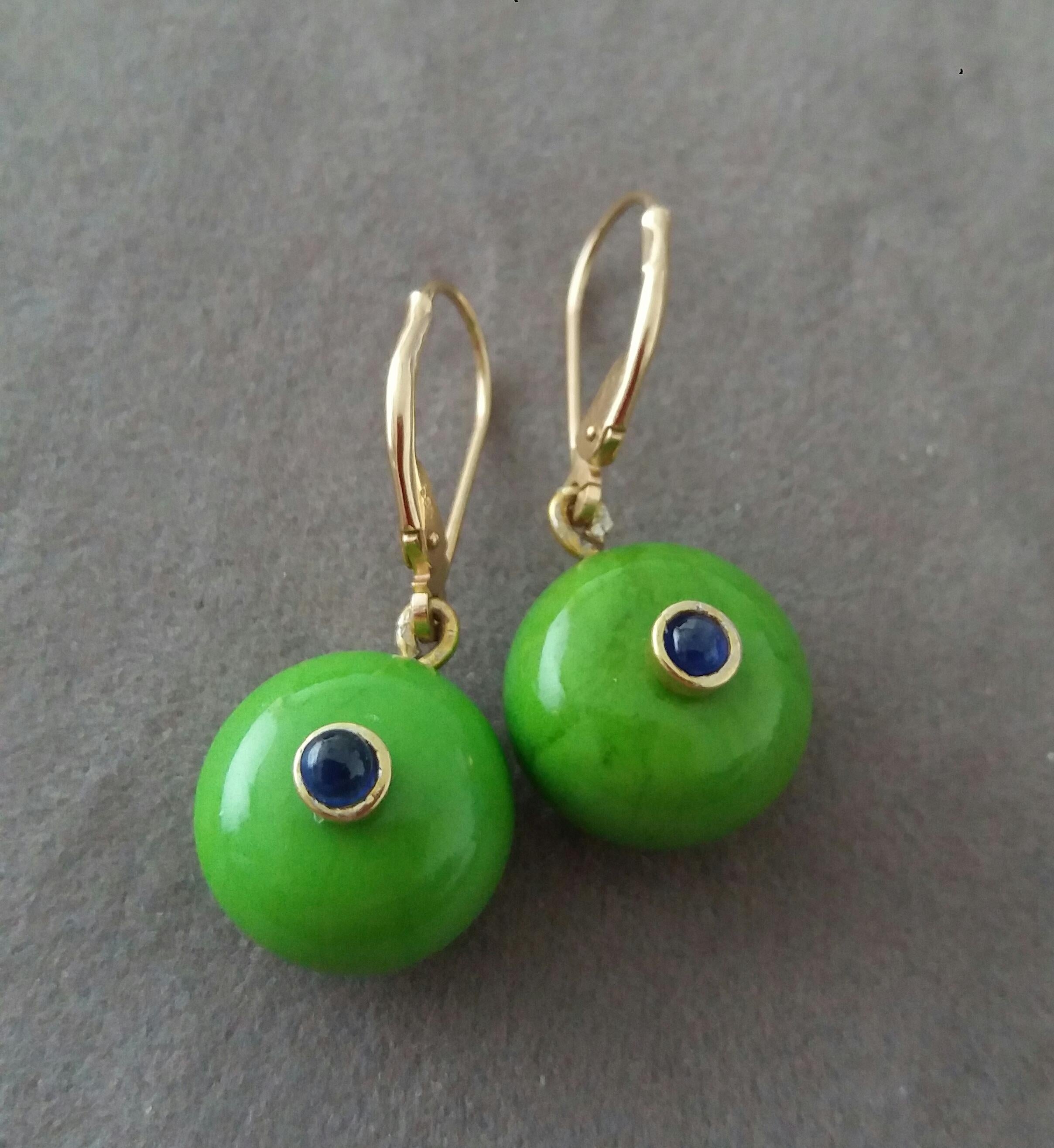 Round Turkmenistan Green Turquoise Buttons Blue Sapphires Gold Dangle Earrings For Sale 4