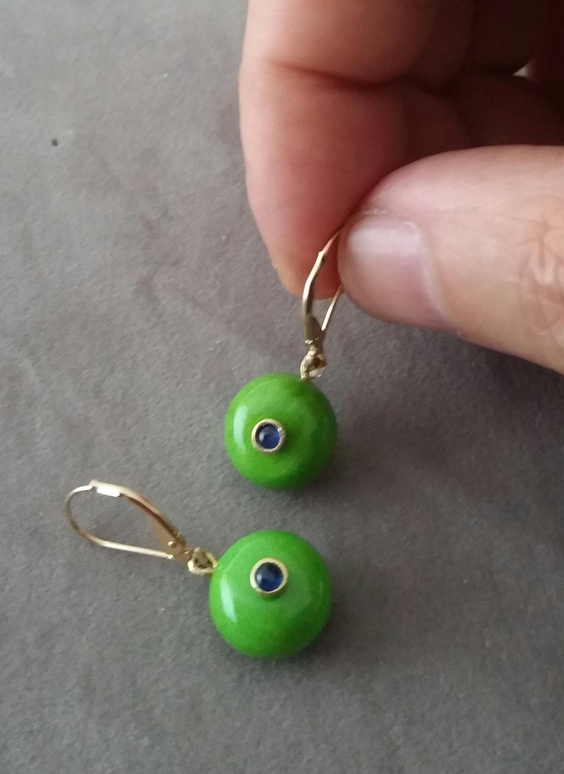 Round Turkmenistan Green Turquoise Buttons Blue Sapphires Gold Dangle Earrings For Sale 6