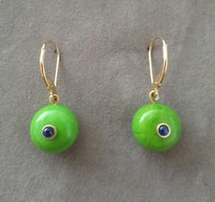 Round Turkmenistan Green Turquoise Buttons Blue Sapphires Gold Dangle Earrings