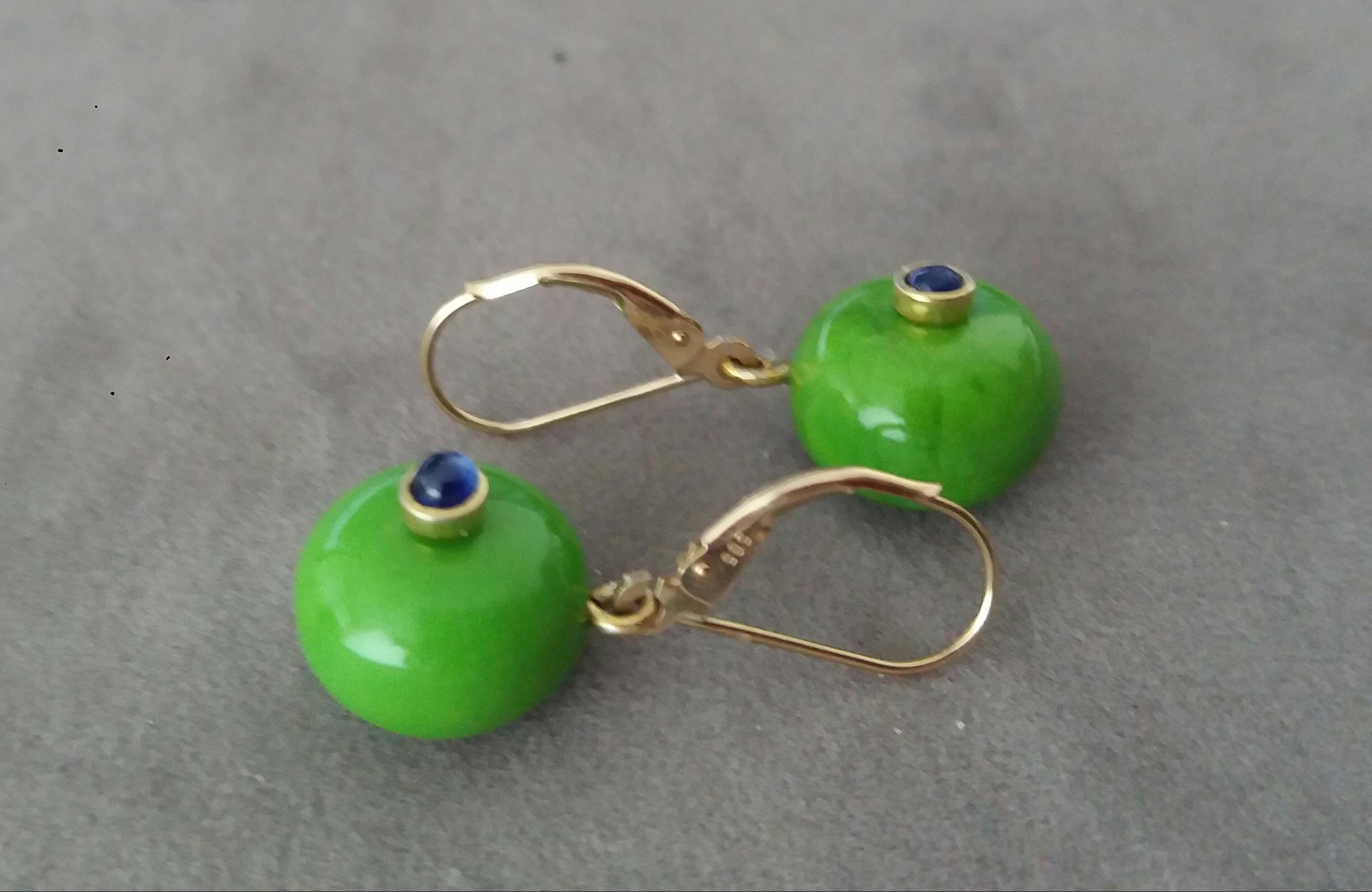 Round Turkmenistan Green Turquoise Buttons Blue Sapphires Gold Dangle Earrings For Sale 3