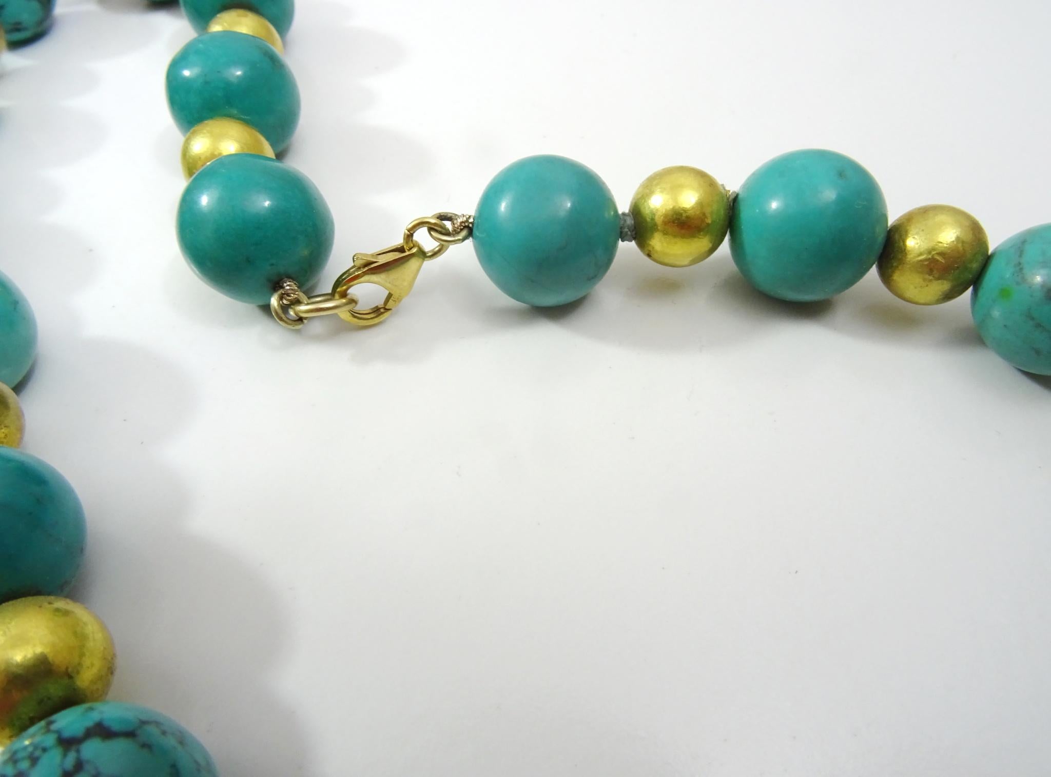 Artisan Round Turquoise and 18 karat Gold Wax Beads Necklace For Sale