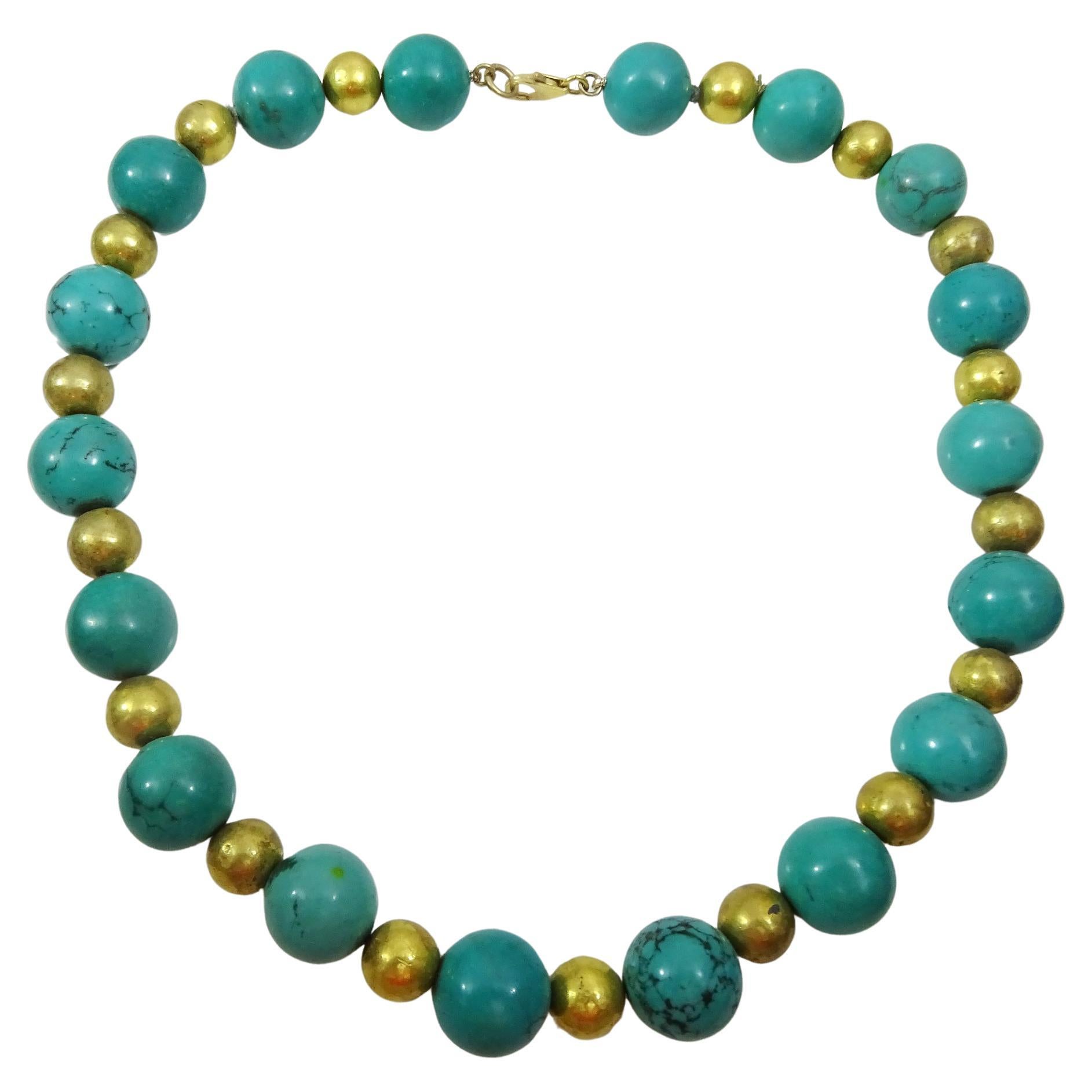 Round Turquoise and 18 karat Gold Wax Beads Necklace For Sale