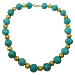 Round Turquoise and 18 karat Gold Wax Beads Necklace