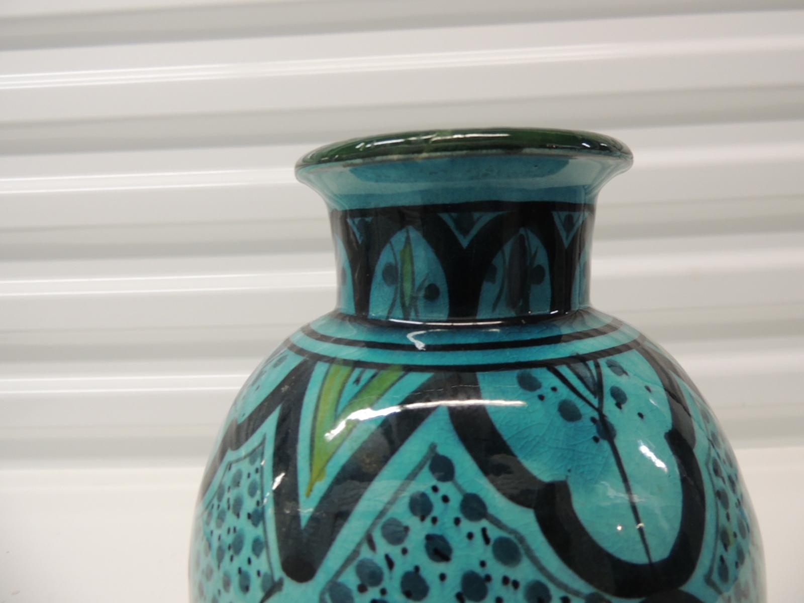 Marokkanische Deko-Vase aus Terrakotta in Türkis und Schwarz (Handgefertigt)