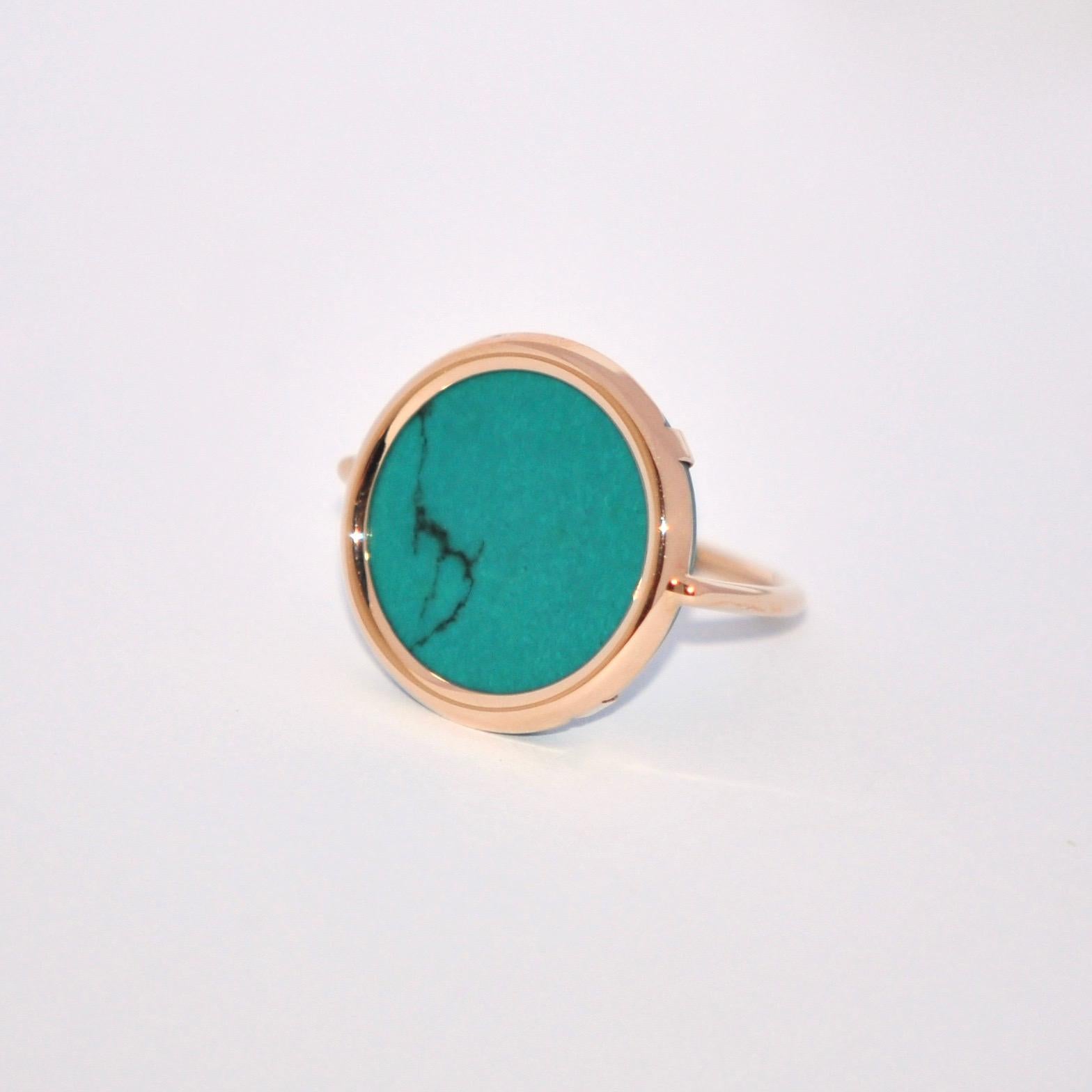 Round Turquoise and Rose Gold 18 Karat Fashion Ring In New Condition In Vannes, FR