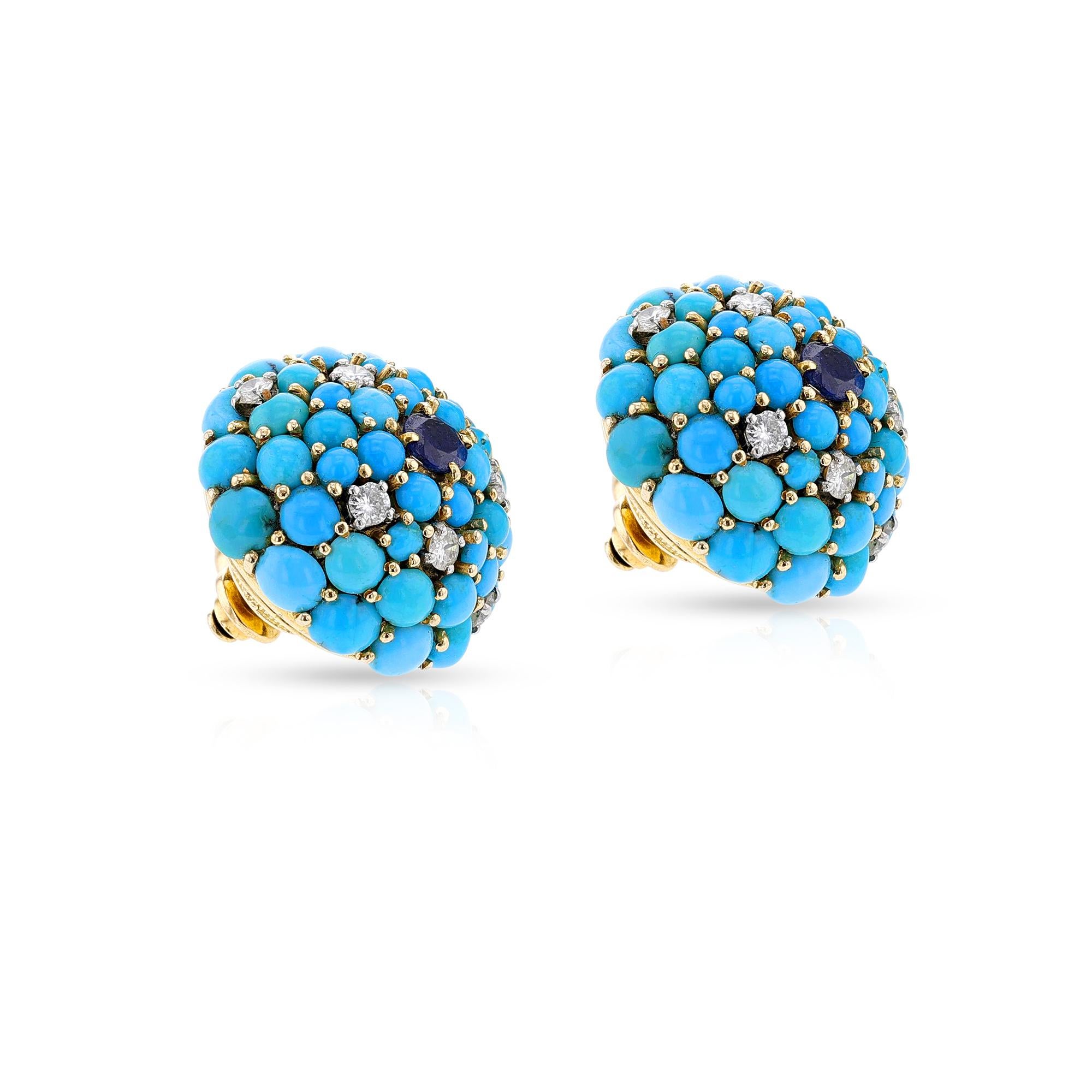 Round Cut Round Turquoise, Sapphire and Diamond Earrings, 18k Yellow For Sale