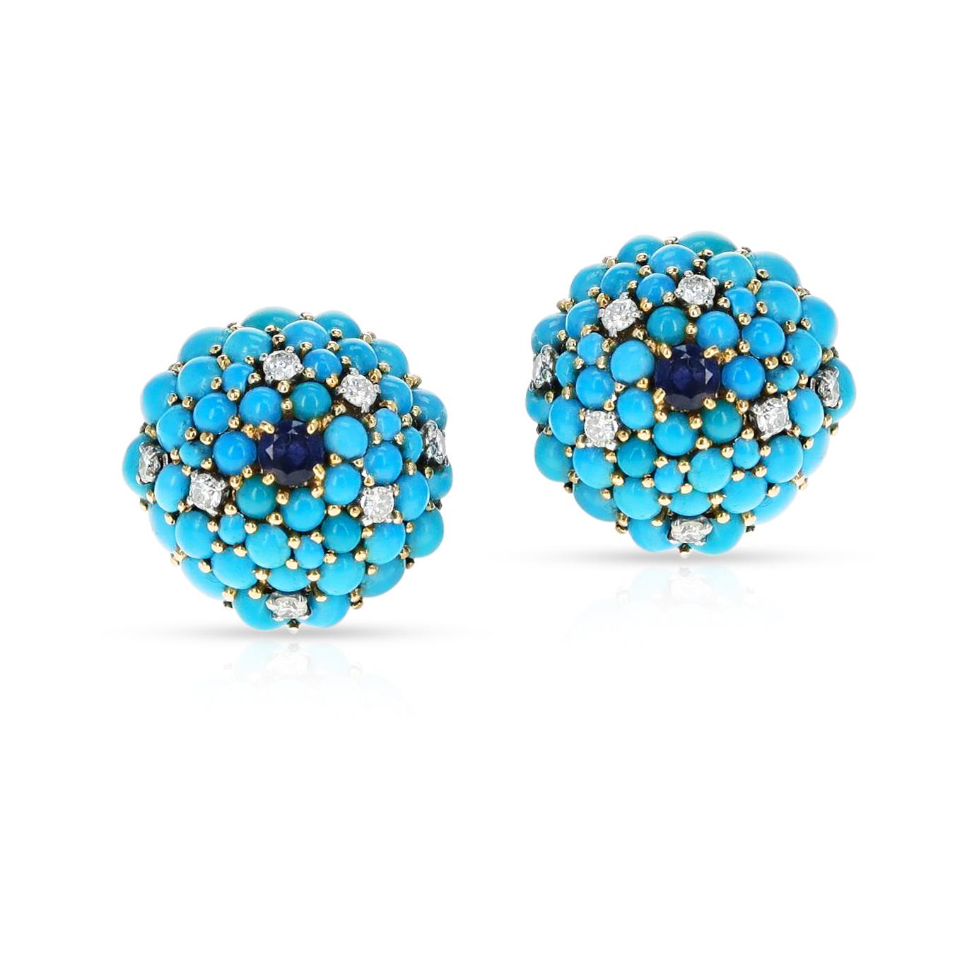 Round Turquoise, Sapphire and Diamond Earrings, 18k Yellow In Excellent Condition For Sale In New York, NY